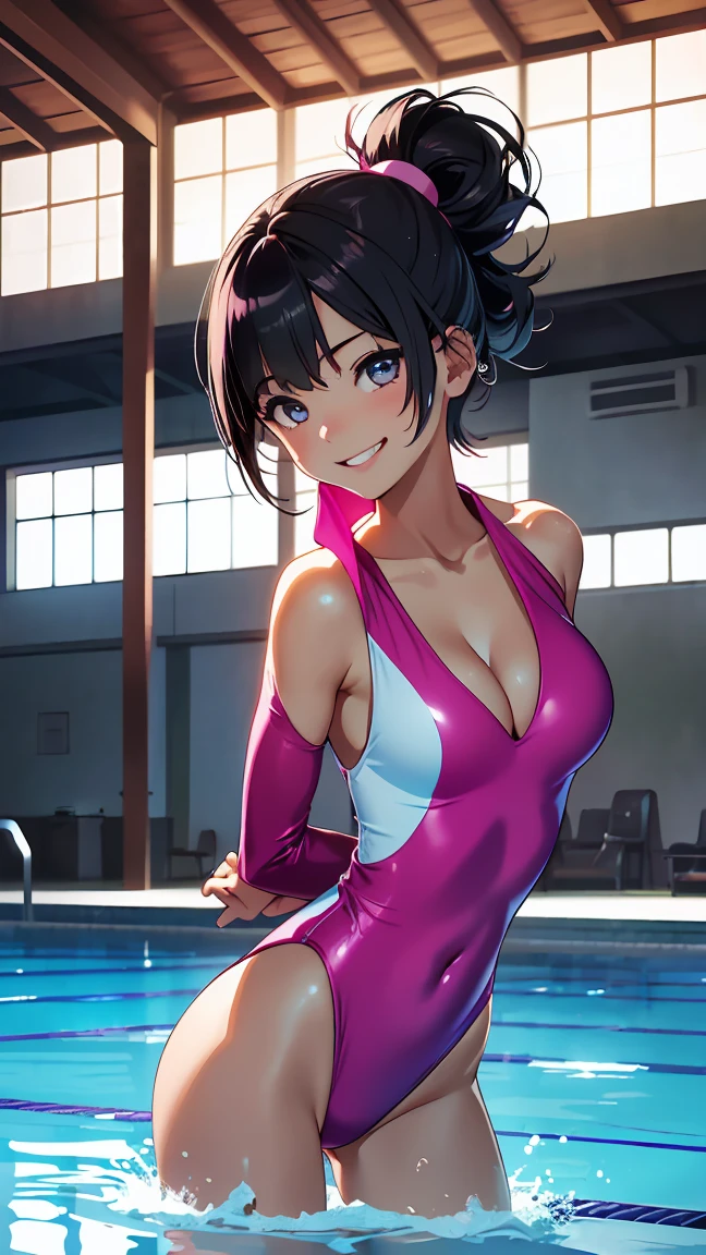 high resolution, extremely detailed CG, unity 8k wallpaper, super detailed skin, perfect anatomy, detailed, cinematic lighting, dynamic lighting, beautiful detailed eyes, looking straight:forward, Ultra HD、Best Quality、Top quality、Extremely detailed image quality、Realistic woman、One Woman、(A big smile、Laughing with your mouth open:1.2)、Japanese、Peaceful face、( girl:1.5)、belly button、Black Hair、Short Hair、Shiny skin、Glossy skin、High gloss skin、Composition from head to leg、(Incredibly big 、Cleavage:1.4)、(pink one-piece swimsuit:1.2)、Heated Pool、Indoor swimming pool、Walking、