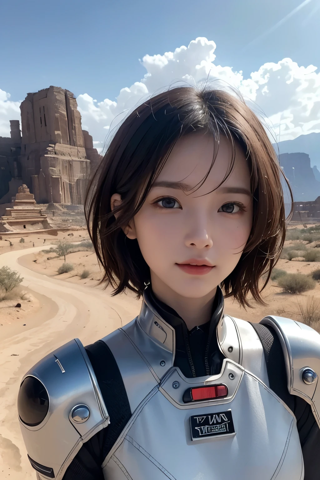 Ultra-high resolution、(Real:1.4)、One beautiful woman、Beautifully detailed eyes and skin、Light brown short hair、A Little Smile、Small Bust、A smart and simple space suit、Valley、cliff、desert、Black rain clouds、Spaceship in the distance、Ruins of an ancient civilization、Dramatic poses, angles and compositions、