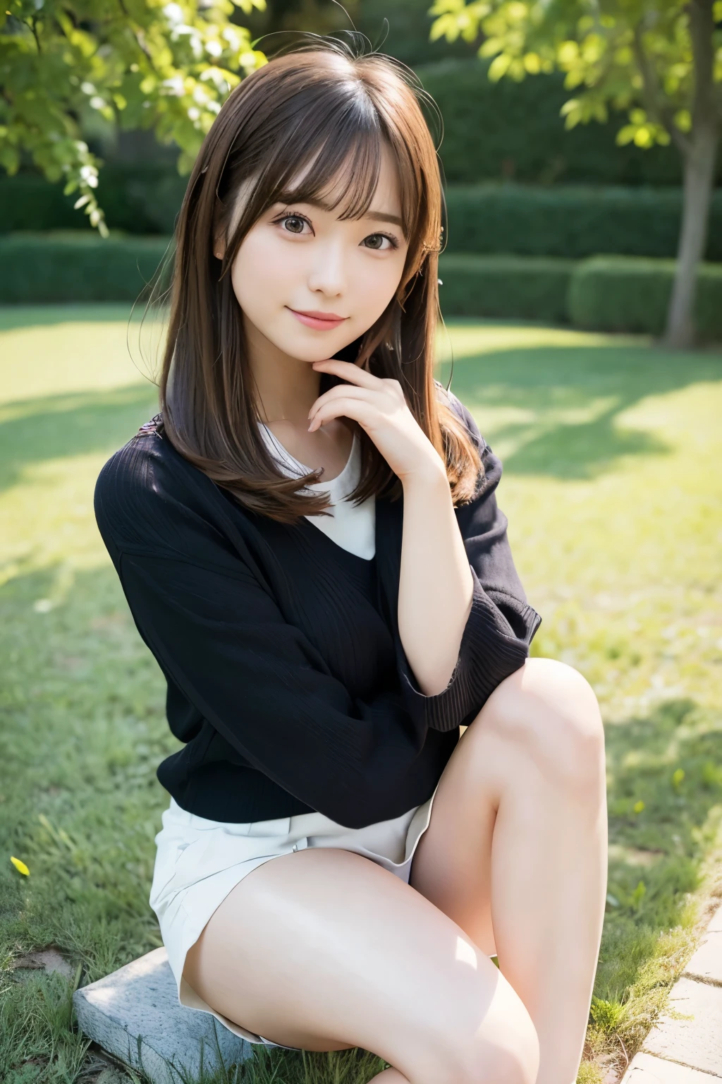 in 8K,Best Quality:1.4, 超A high resolution:1.5, (Photorealistic:1.4),​masterpiece:1.2,(top-quality:1.4)、 Raw photo、 (From the knee up:1.8, From Side:0.7), (the background is blurred), a park,FULL BODYSHOT:1.4、 1 Japanese girl, Cute, (Solo), (Shy smile), Smooth skin、ＴThe shirt、a miniskirt、 (Brown medium hair,Bangs), (touch hair:1.4)、nogizaka、cute little、Supple fingertips,Beautiful black eyes、natural skin textures:1.3, realistic eyes and face details:1.7、middlebreasts、Gravure Pose：1.1、Toned buttocks:1.2、gazing at viewer,thighs thighs thighs thighs、((dynamicposes))、(camel's toe)、(half)、(panthyhose)、(Sitting on legs bending the knees)