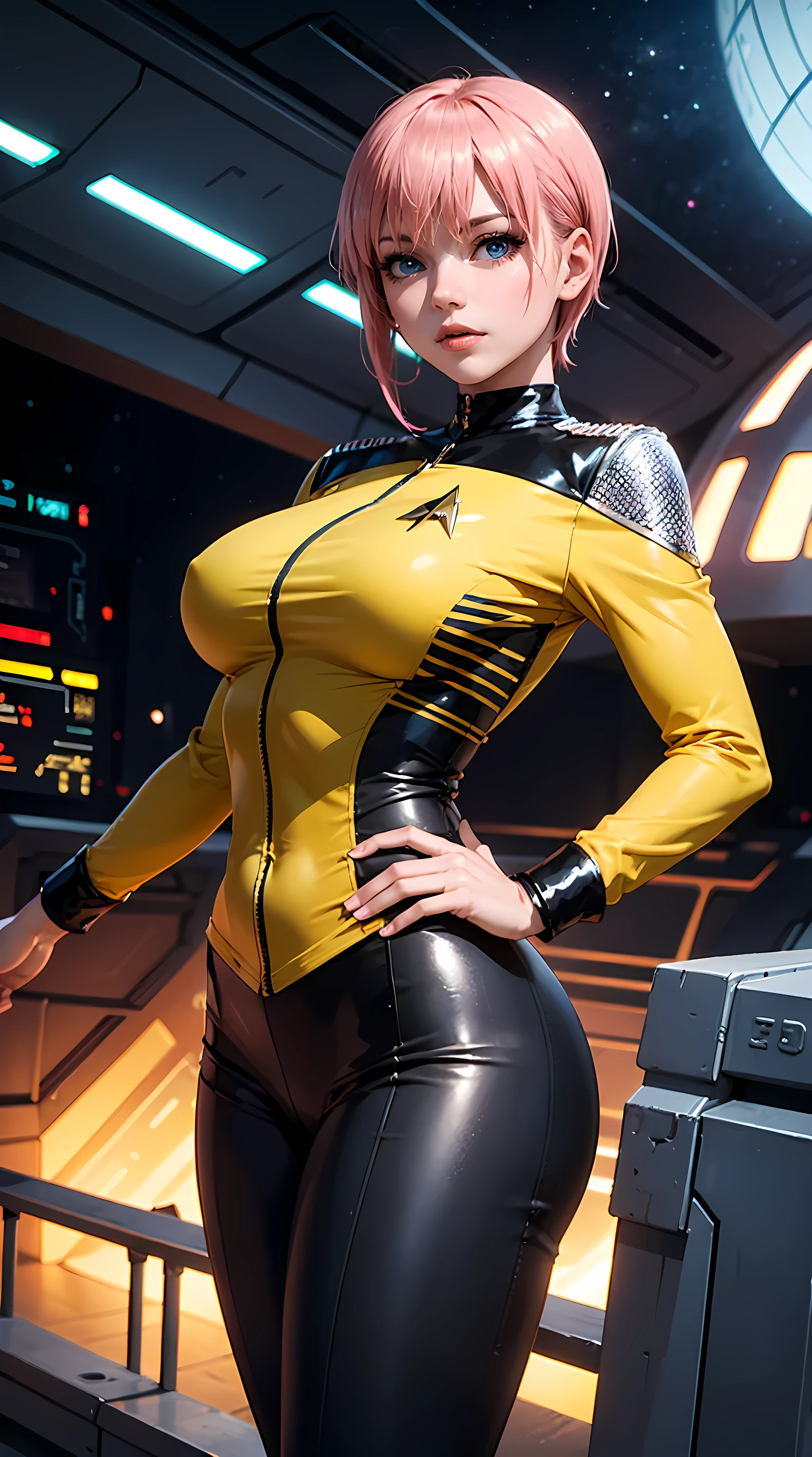 Beautiful short pink hair woman is shown to have a sexy figure, She is wearing an star trek yellow uniform, jewelry, she has blue eyes, Girl standing on a bridge of a starship, sexy session, poseing, cowboy shot, superior quality, many details, realistic