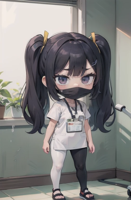 1 garota, Sozinho, enfermeira, enfermeira cap, desgaste branco, ((legging branca, zetai ryouiki)), luvas brancas, twintails, cabelo amarelo, olhos roxos, ((White surgical mask, nariz coberto)), standing, ((quarto de hospital)), sharp contour, Manga curta, melhor qualidade, Obra de arte