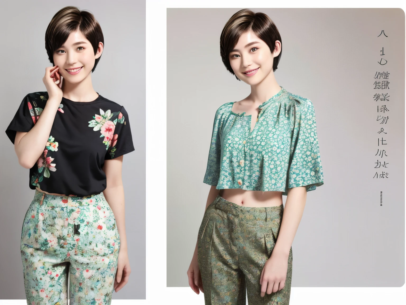 230 (18-year-old female,Floral clothes), ((short hair:1.46)), (Pants Style), (A kind smile)