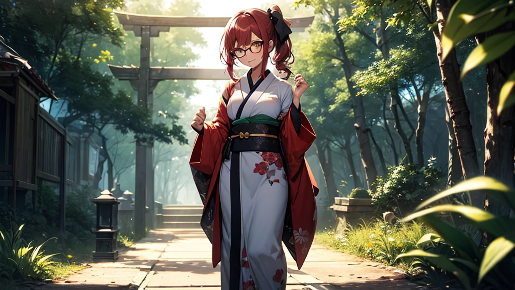 (1girl:1.3), Masterpiece, Best quality, amazing beauty, [[3D]], 4K, absurdres, finely detail, super detailed eye, perfect anatomy, official art, cinematic lighting, BREAK, Shrine/Temple, forest/jungle, silky side ponytail, blunt bangs, red hair, super shiny detailed yellow eyes, cute eyes, thin eyebrow, Staring, facing this way, close-mouth, rouge, Eyeshadow, glasses, piercing, embarrassed, BREAK , big breasts, tall, slim, fair skin, glistening skin, walking, full body, from front, wearing a kimono, Fancy Kimono, Spotlight, BREAK , , BREAK,(Glasses)