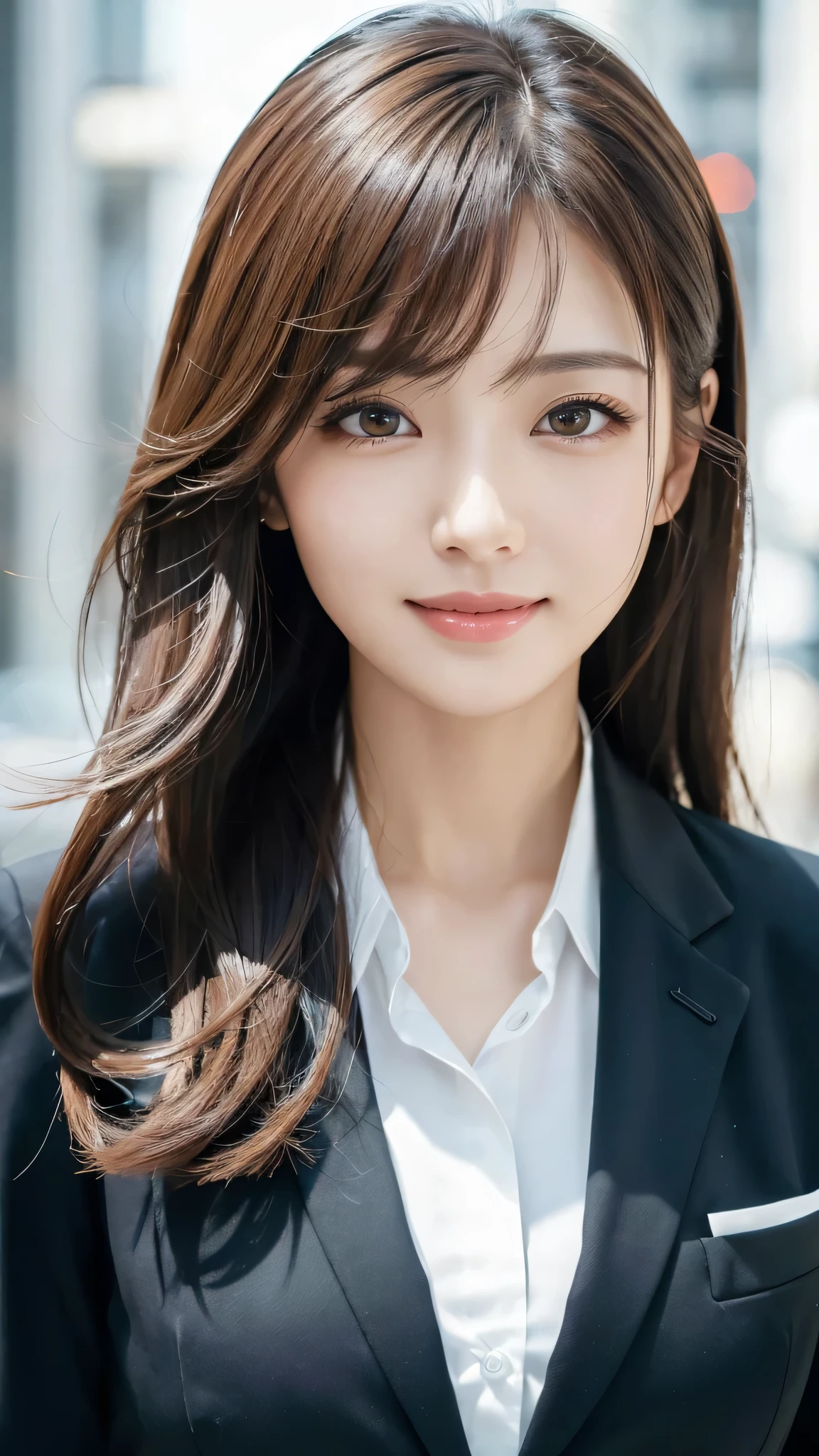 table top、highest quality、genuine、Super detailed、finely、High resolution、8k wallpaper、one beautiful woman、、、light brown disheveled hair、wearing a business suit、sharp focus、perfect dynamic composition、beautiful and detailed eyes、thin hair、Detailed genuine skin texture、smile、model body shape、In Tokyo at morning、