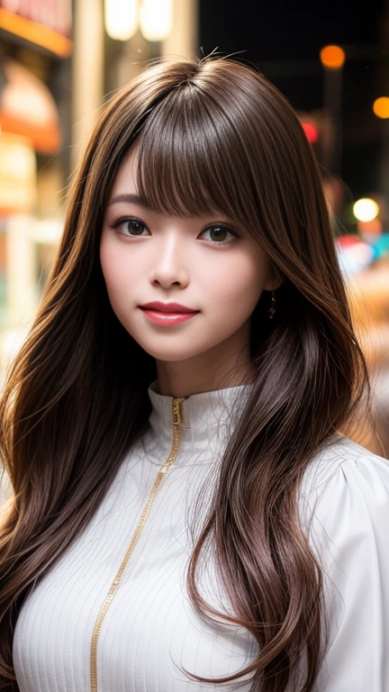 Of the highest quality、labio natural、Piel blanca、Buena luz、beautiful lighting、((pelo lacio))、((pelo de cola de caballo))、((pelo negro))、flequillo contundente、fuera del hombro、Pechos grandes、The valley of pechos grandes、top corto blanco、mini falda、gorgeous accessories、harajuku de noche、sonrisa、Cute sonrisa、Multitud en la ciudad por la noche.