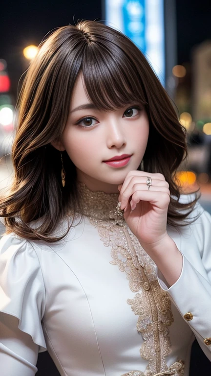 Of the highest quality、labio natural、Piel blanca、Buena luz、beautiful lighting、((pelo lacio))、((pelo de cola de caballo))、((pelo negro))、flequillo contundente、fuera del hombro、Pechos grandes、The valley of pechos grandes、top corto blanco、mini falda、gorgeous accessories、harajuku de noche、sonrisa、Cute sonrisa、Multitud en la ciudad por la noche.