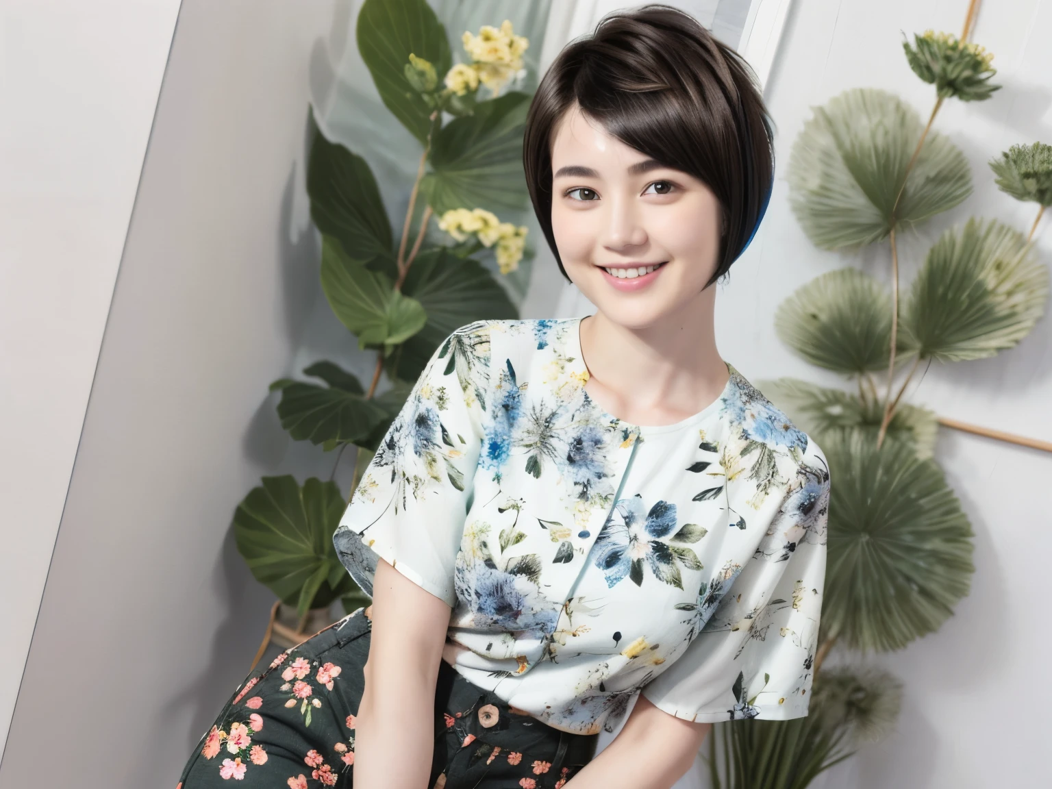 230 (18-year-old female,Floral clothes), ((short hair:1.46)), (Pants Style), (A kind smile)