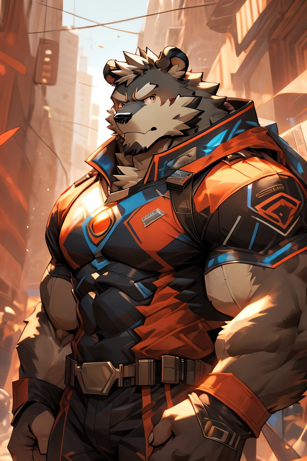City background,Skyscraper,futuristic city,daytime,Huge muscles,Huge pectoral muscles,Chiseled abdominal muscles,superhero,hero,bodysuit,A furry hero。Huge muscles。(((His hero costume is black and red))),Brown eyes。A furry hero whose presence inspires trust and respect.muslos musculosos huges firmes.full-body shot。big eyes,Gray pupil。