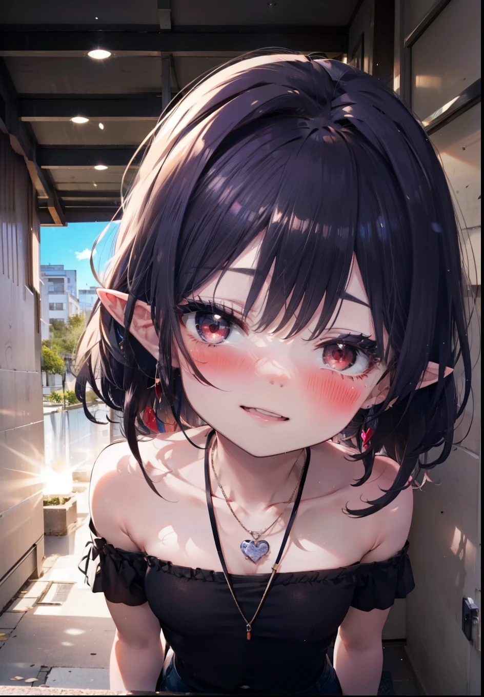 yuukikonno, Yuki Konno, hair band, Long Hair, Pointy Ears, Purple Hair, (Red eyes:1.5), (Small breasts:1.2), blush,happy smile, smile, Open your mouth,Purple cold off-the-shoulder,tops,Short sleeve,skinny pants,piece,Heart-shaped necklace,Sunset,evening,The sun is setting,whole bodyがイラストに入るように,Looking down from above,
break looking at viewer, whole body,
break outdoors, School,courtyard,
break (masterpiece:1.2), highest quality, High resolution, unity 8k wallpaper, (shape:0.8), (Fine and beautiful eyes:1.6), Highly detailed face, Perfect lighting, Highly detailed CG, (Perfect hands, Perfect Anatomy),