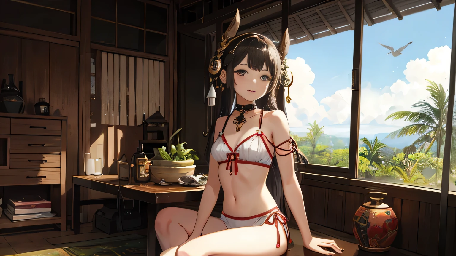 summer,Atmosphere in Bali,A room with Balinese furniture, Girl listening to music with headphones