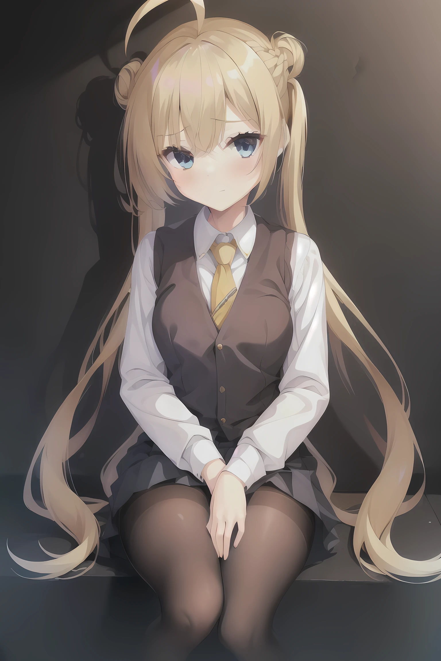 the best, masterpiece, high resolution, (Full body view from head to toe), front, frontやや下からの構図, symmetry, 18 year old girl, alone, (whole body from head to toe), small breasts, brown hair, slightly messy hair, long hair, Bangs, (black leggings), ( (black pantyhose), black pantyhose, (squatting position), (), (spread your legs), (Tie one'hands tied behind back'return'return), (Her legs were open、you can see her white panties..), composition show me your white, long and beautiful legs, とても美しい18 year old girl, (navy blue high heels), blush, shy big eyes, messy hair, looking at camera, show me your white, hide your arms behind your back, dark blue office lady, Dark blue pencil skirt, Navy blue vest, Beige cardigan