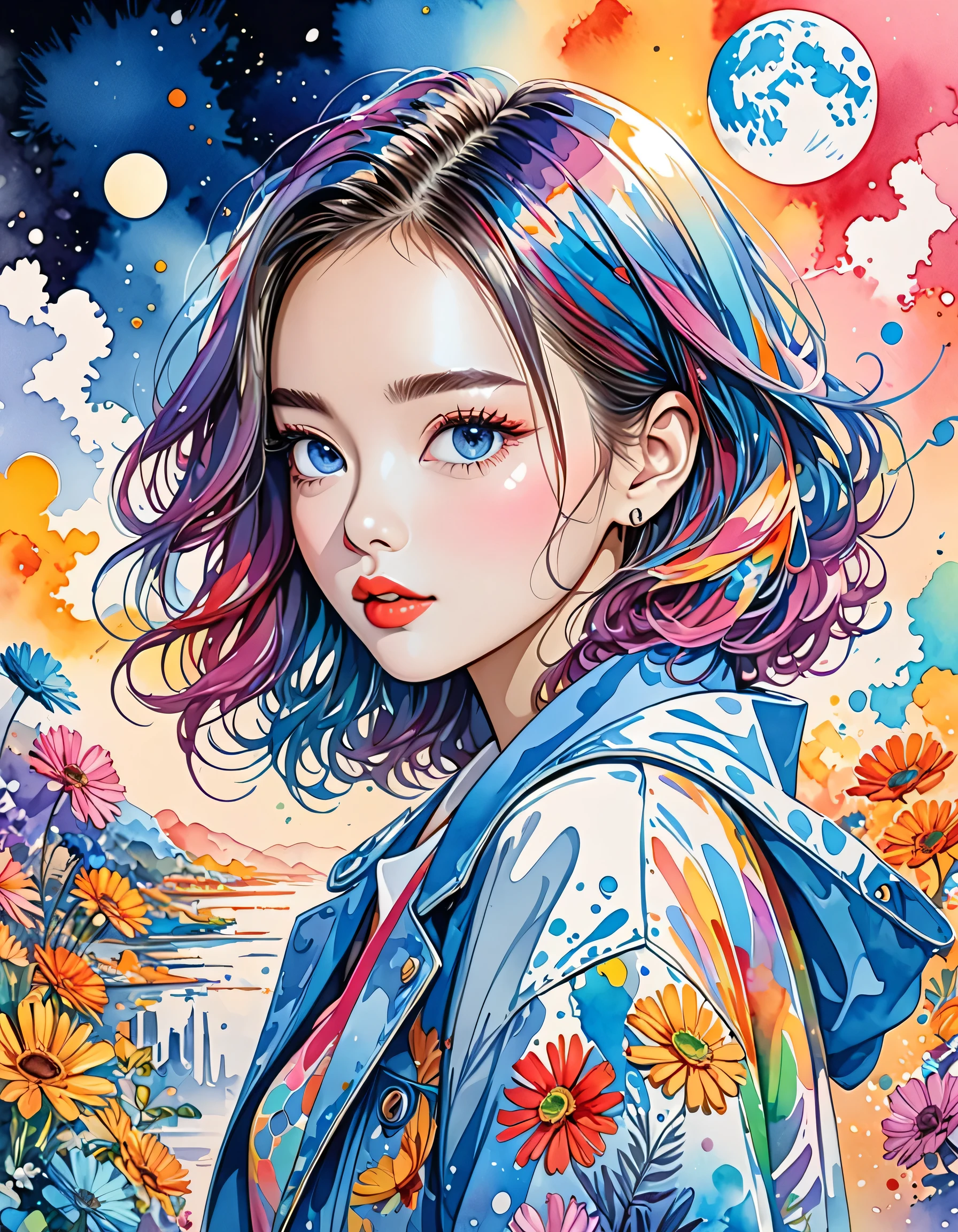 Micho Style、(((stylish fashion))), 8K Quality、Intense watercolor, Detailed watercolor art, Watercolor splash, Surreal, avant-garde pop art, Beautiful and expressive paintings, Beautiful artwork illustration, Very colorful tones, wonderful, Cool beauty, highest quality、Official Art, Vector art, Stylish design, (((The most beautiful girl))), (((highest quality))), HDR, ((detailed)), (((Doodle Art)), ((masterpiece)), ((Super detailed)), (((Stylish))), (((Moon))), Cute Alien