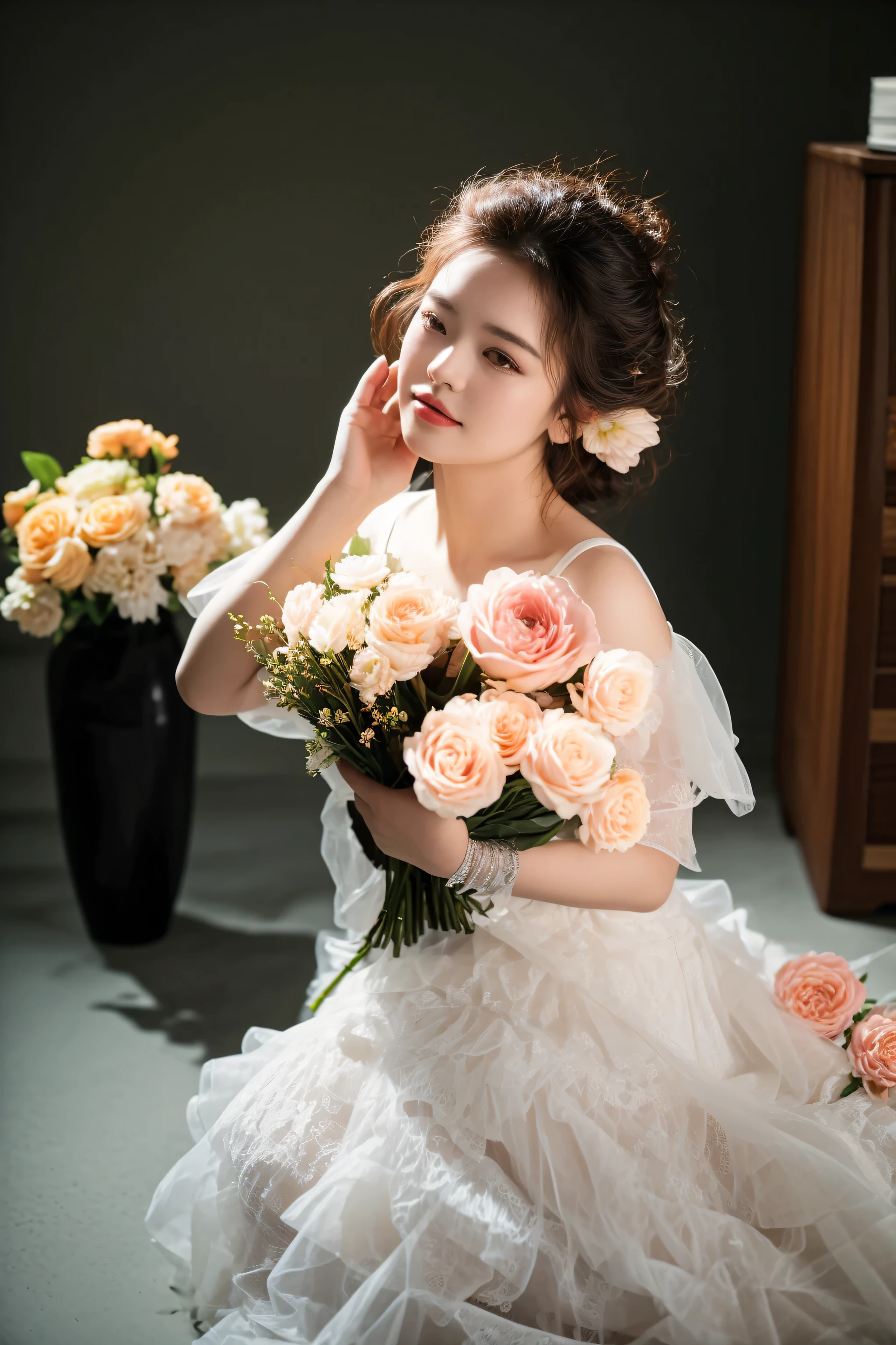 there is a woman sitting on the floor with a bouquet of flowers, with flowers, photo taken with nikon z8, photo taken with nikon z8, in style of lam manh, inspired by Pierre Auguste Cot, photo taken with canon 5d mark iv, female portrait with flowers, taken with canon eos 5 d mark iv