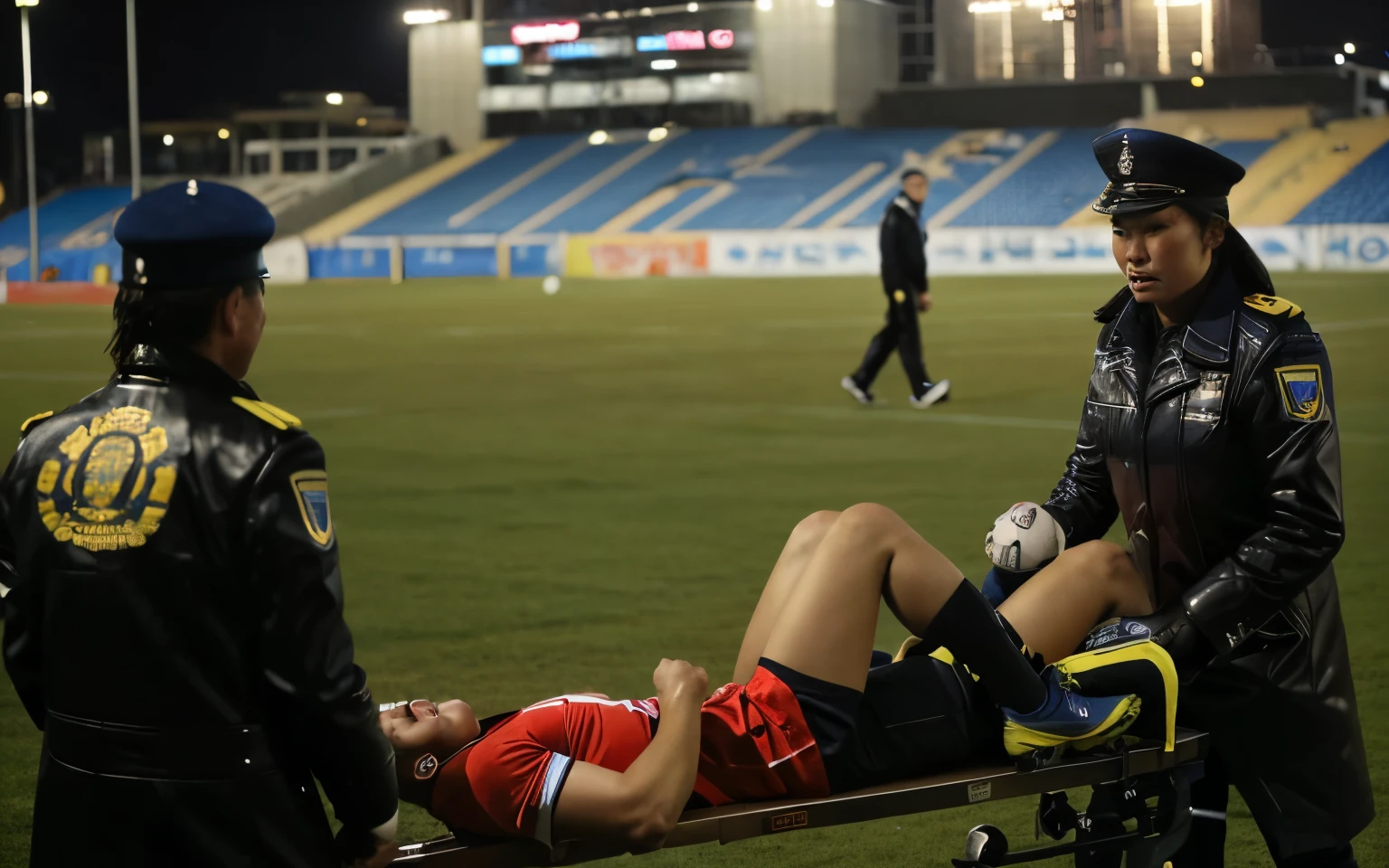 A scene at a soccer stadium in Mongolia, There is an attractive and heavily made-up Mongolian female police officer in a long black leather coat, A Mongolian female police officer in a shiny black leather coat on a soccer field, A Mongolian female police officer is holding a stretcher, A man is lying on the soccer stadium his back with his torso on the right in matt and roughened white and red sportswear on a stretcher, a man lies on a stretcher and has his left arm bent over his face, we only see the torso and thighs of the male athlete who is being carried with the stretcher to the left off the picture, the man lies on his back on the stretcher and covers his face with his bent left arm, the mongolian policewoman is exceptionally heavily made up and has an extremely desperate and very angry expression on her face, high-resolution photo, realistic sports photo, soccer scene, mongolia, mongolian policewoman, uniformed woman in black shiny long leather coat, injury scene, real photo, ultra realistic, high definition, sports photography