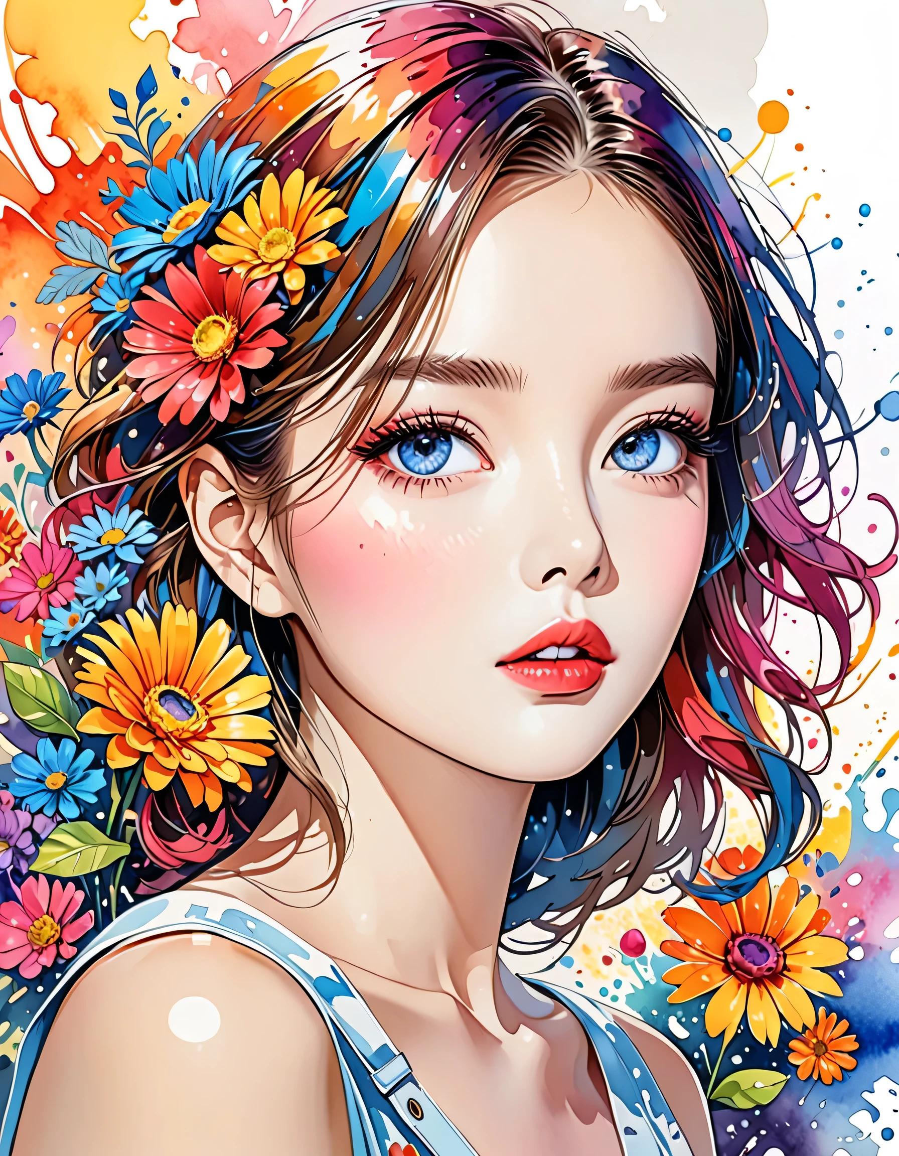 Micho Style、(((stylish fashion))), 8K Quality、Intense watercolor, Detailed watercolor art, Watercolor splash, Surreal, avant-garde pop art, Beautiful and expressive paintings, Beautiful artwork illustration, Very colorful tones, wonderful, Cool beauty, highest quality、Official Art, Vector art, Stylish design, (((The most beautiful girl))), (((highest quality))), HDR, ((detailed)), (((Doodle Art)), ((masterpiece)), ((Super detailed)), (((Colorful flowers))),(((Stylish))),