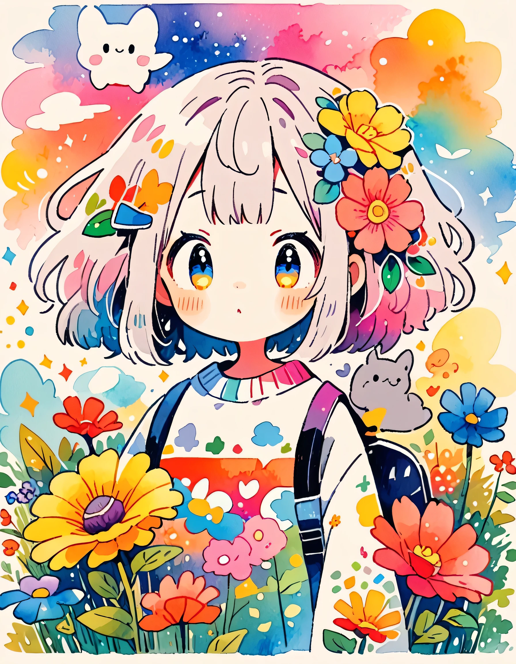 Hayao Miyazaki style, (((kawaii design))), The most beautiful girl of all time、Totoro、Totoro Forest、8K Quality、Intense watercolor, Detailed watercolor art, Watercolor splash, Surreal, avant-garde pop art, Beautiful and expressive paintings, Beautiful artwork illustration, Very colorful tones, wonderful, Cool beauty, highest quality、Official Art, Vector art, (((highest quality))), HDR, ((detailed)), (((Doodle Art)), ((masterpiece)), ((Super detailed)), (((Colorful flowers))), (((adventure)))