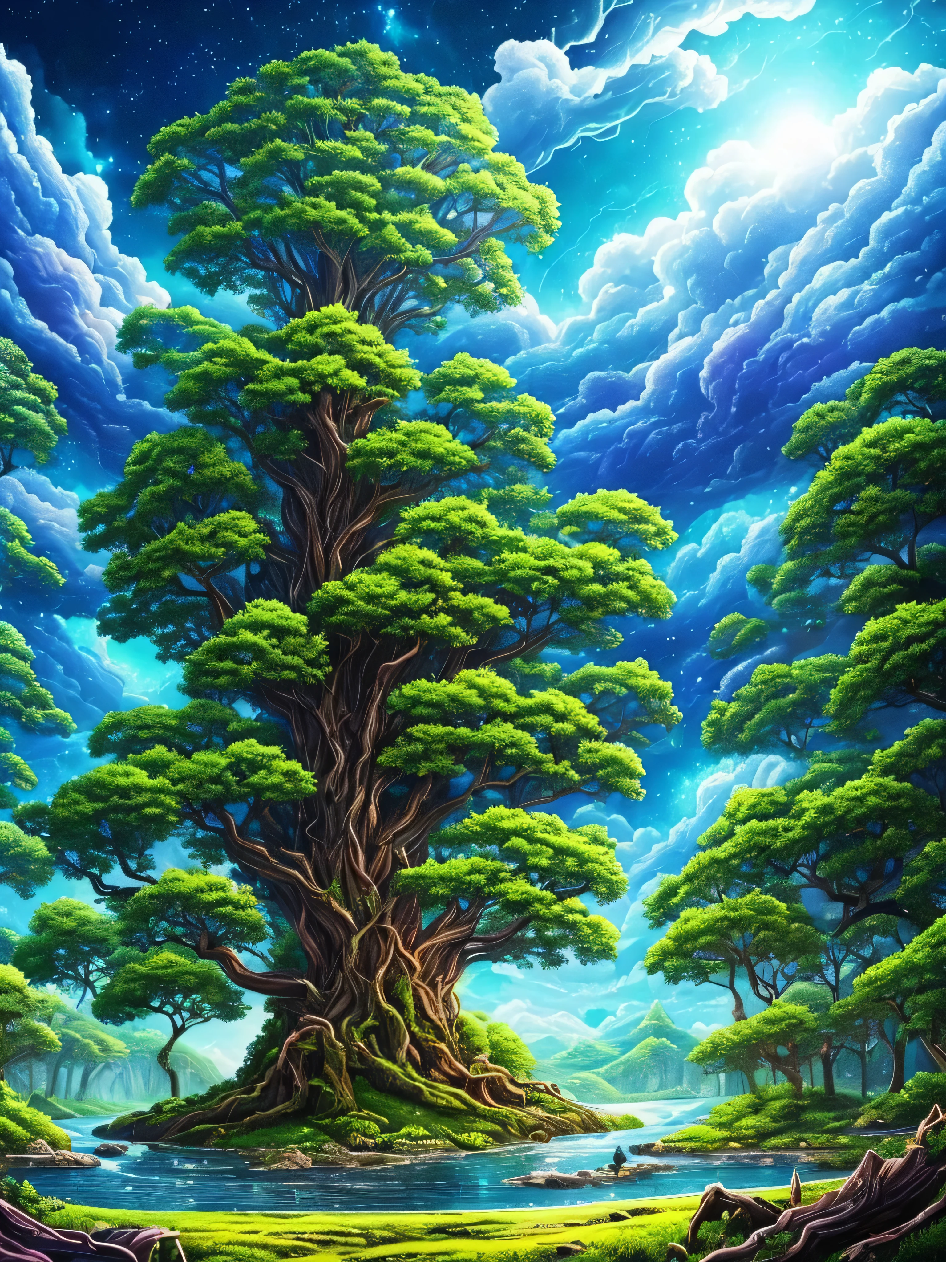 Illustration of a surreal, otherworldly, hyper sky scene including a giant crystal tree full body, highly detailed and magical lighting, intricate forest details, vegetation and surrounding river, solar punk, landscape, giant tree , beautiful green leaves, beautiful lighting and realistic proportions, as if this is a movie background, 8k, highest quality, masterpiece, clouds and stars in the sky.