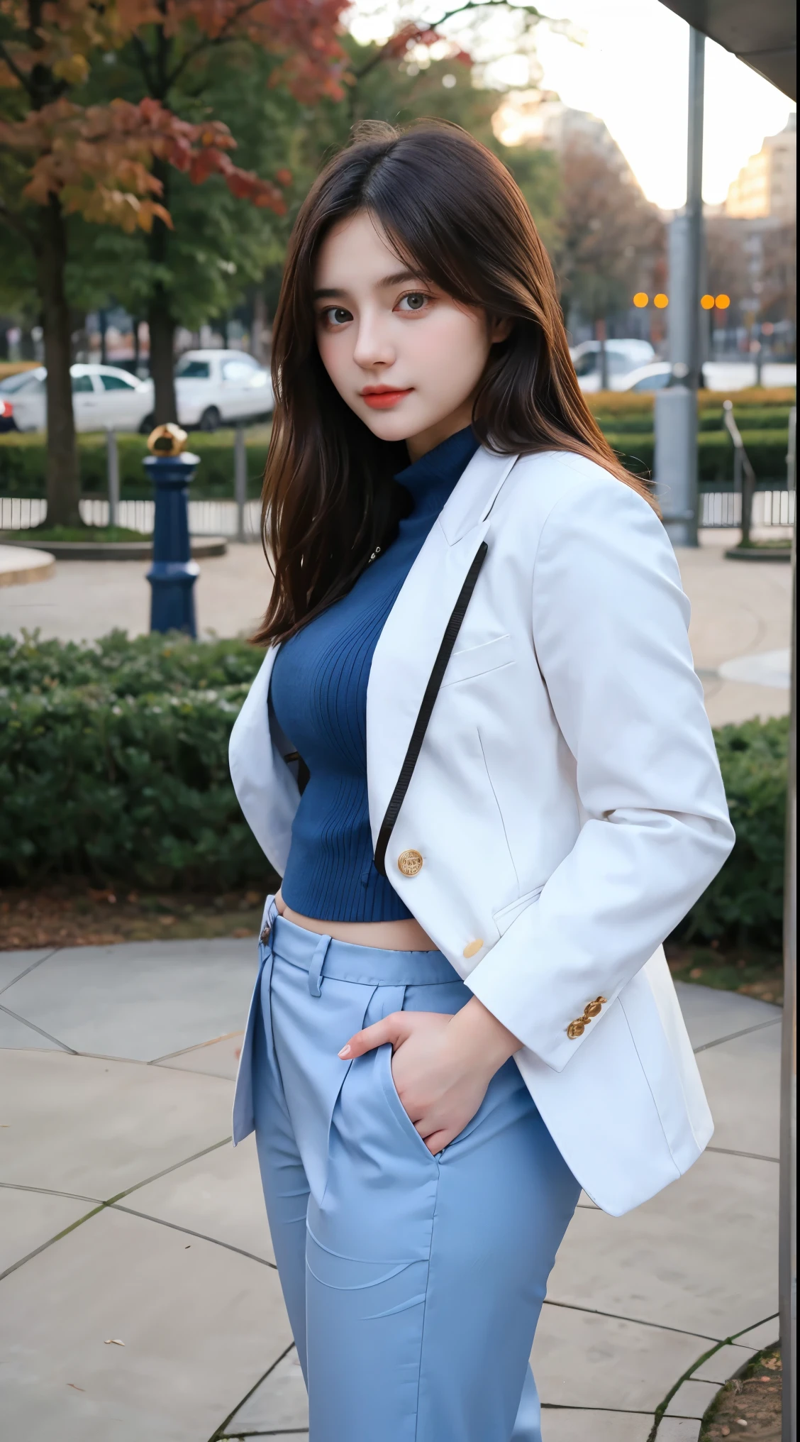 Gorgeus Girl, Beautiful, Baby Face, 20 Years Old, White Skin, Sexy Pose, wearing red blazer, Blue Eye, Bokeh, park Background, Masterpiece, full body Shot, body facing forward, woman trousers