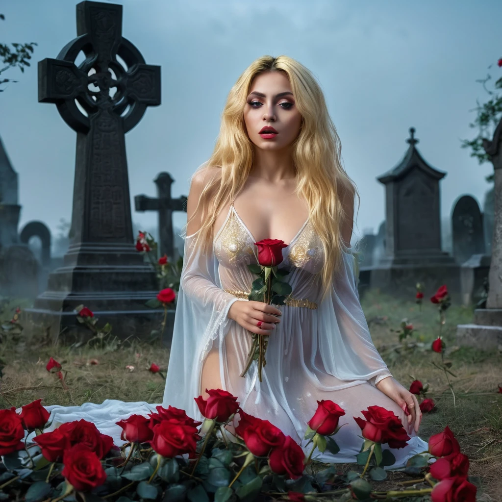 masterpiece, best quality, topless scared sinner with a large nipples under a sheer nightdress, kneeling pose, gold hair, looking at viewer, adult, holding red roses, ancient cemetery, horror