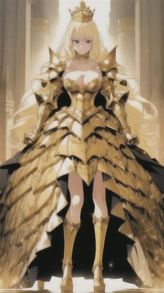 Blonde Queen Gold Tiara， armor，cleavage，，high heels，Standing，castle