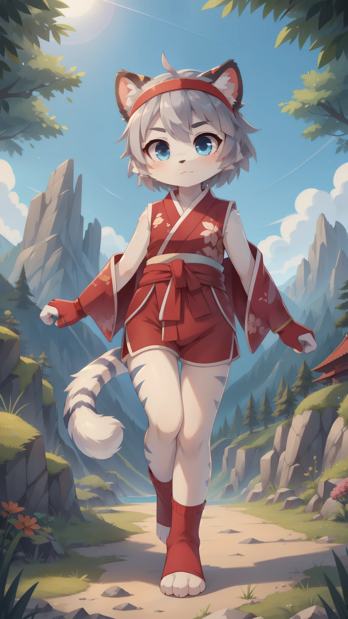 Furry girl, young, white tiger, gray hair, spiky short hair, blue eyes, white body fur, small breasts, detailed body fur, detailed face, detailed eyes, glistering body, shiny body, gorgeous body, masterpiece, high quality, :3, ((red headband, red kimono shirt, sleeveless, red short pants, ninja gloves, black pedal socks)), full body, feets with three toes, 3 toes, mountain, clear sky,