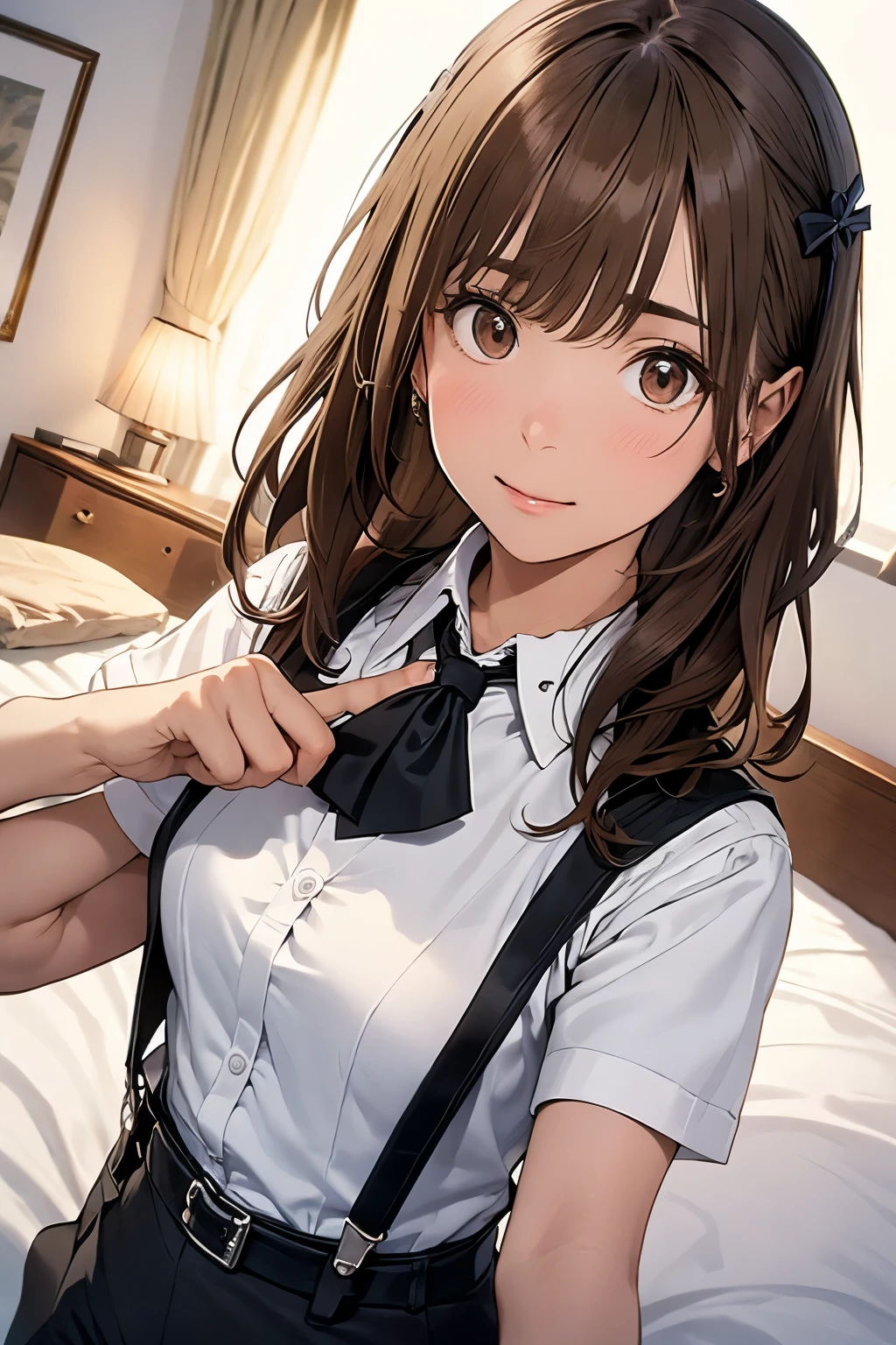 Brown Hair、Staring at the audience Black suspenders bulging big breasts wall: Black pantsuit sight Small face holster Beautiful woman Show your hand Lying in bed sight Taunt side side汗 arm Dress shirt Black Suit belt