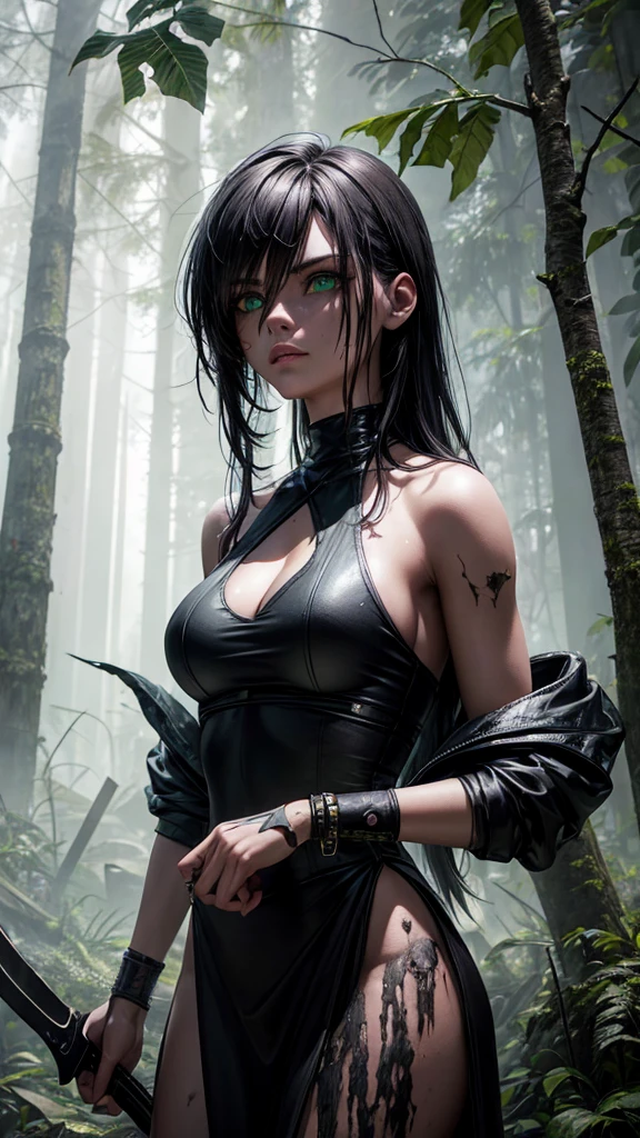 Cyberpunk Dark Oil Painting | A woman wearing a white halter-neck dress, her clothes in tattered, dirty and messy condition, her face dirty but looking tough, her emerald green eyes staring sharply ahead, clearly visible under the light, walking in the dense forest while holding a unique machete. Fallen trees, leaves and debris were scattered everywhere, completely destroying the tense atmosphere. The air was filled with fierceness and power. Ancient buildings with a backdrop of broken rainforest and several people following from a distance. (3D). Very realistic and very detailed.