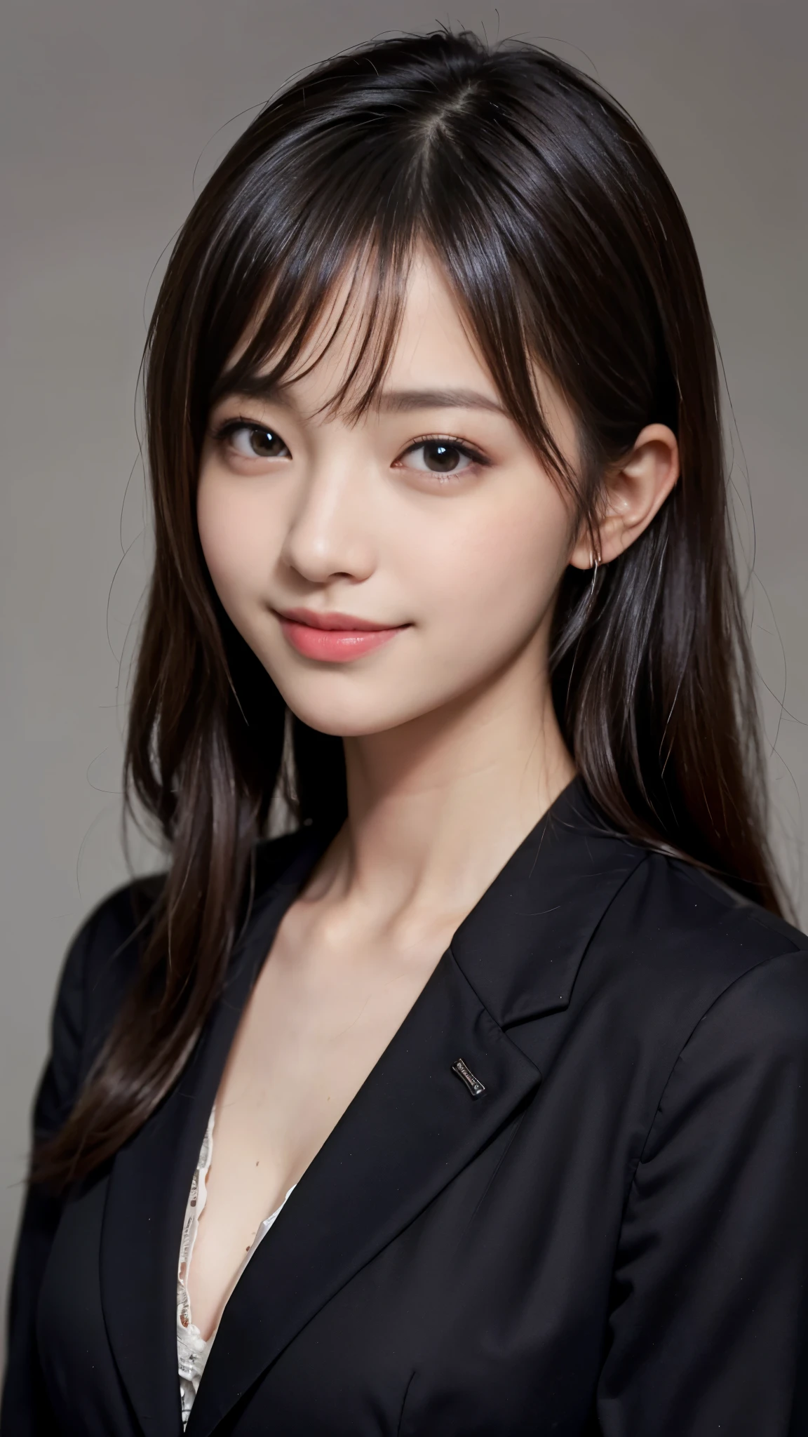 ((highest quality、Masterpiece、High resolution))、(((Zoom photo of upper body)))、(A shy smile:1.2)、One 15-year-old female、Beautiful Skin、Beautiful Eyes、Large Breasts、blazer、shirt、Black Hair、Trimmed bangs、semi-long