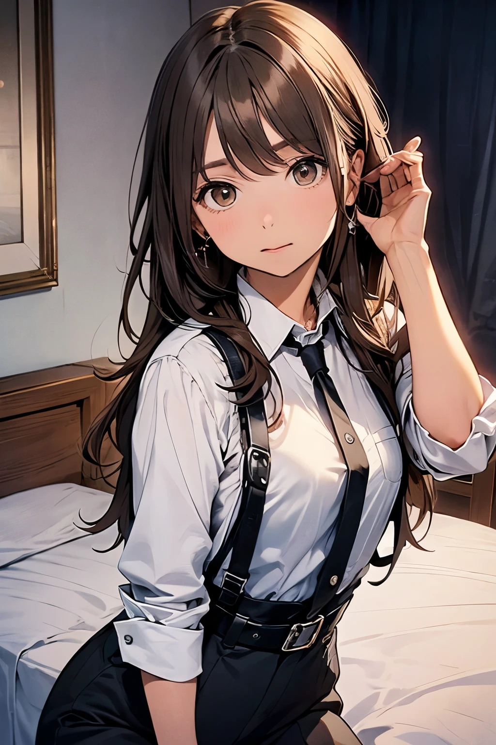 Brown Hair、Staring at the audience　　　Black suspenders　　　bulging big breasts　　 　 　　　wall: 　Black pantsuit　　　　　　sight　　　Small face　 　　　holster　　　Beautiful woman　　Show your hand　　 Lying in bed　　sight 　　Taunt　side　side汗 　arm　Dress shirt　Black Suit　belt