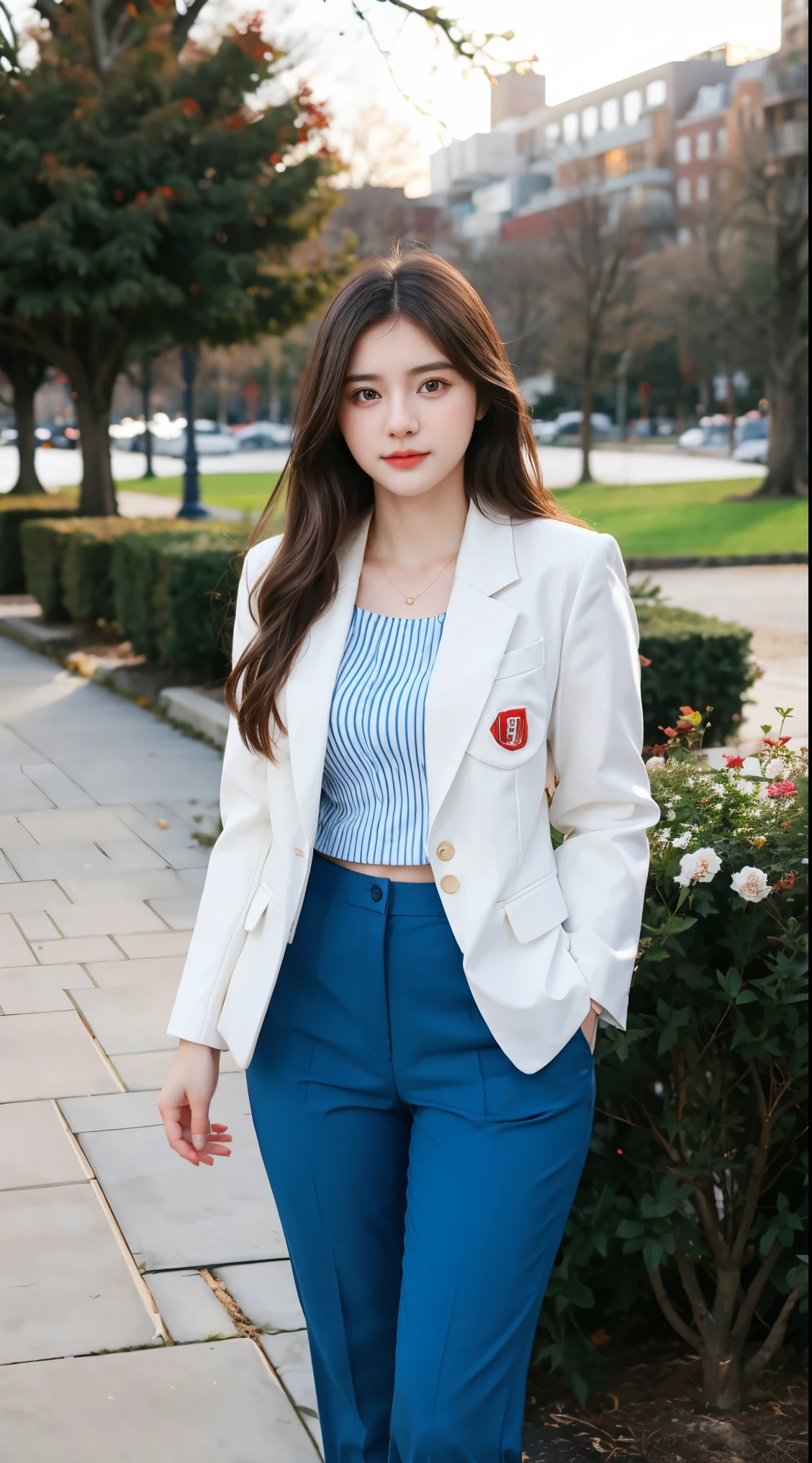 Gorgeus Girl, Beautiful, Baby Face, 20 Years Old, White Skin, wearing red blazer, Blue Eye, Bokeh, park Background, Masterpiece, full body Shot, facing forward, woman trousers