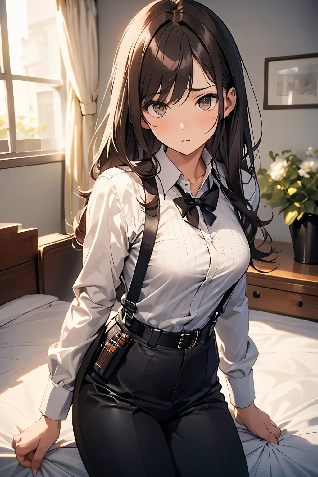 Brown Hair、Staring at the audience　　　Black suspenders　　　bulging big breasts　　 　 　　　wall: 　Black pantsuit　　　　　　sight　　　Small face　 　　　holster　　　Beautiful woman　　Show your hand　　 Lying in bed　　sight 　　Taunt　side　side汗 　arm　Dress shirt　Black Suit　belt