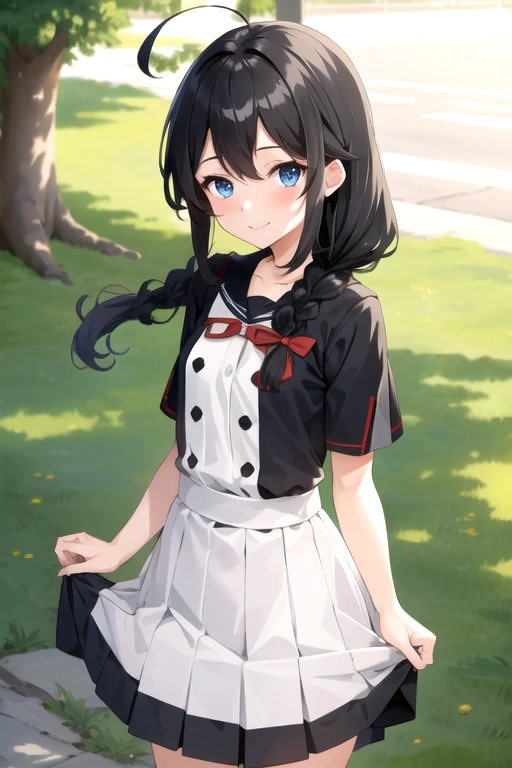 1girl, ShigureKancolle, ShigureBase, pleated skirt, black hair, (flat hair), shiny blue eyes, long hair, large braid, outdoor, smile, small breasts, cowboy shot, looking at viewer, ahoge, , immature, low height, masterpiece, best quality