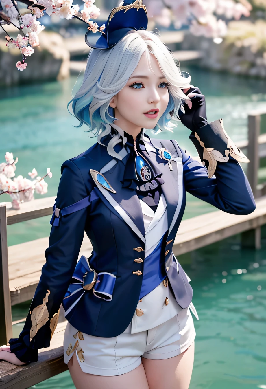 Tabletop, highest quality, Very detailed, Sparkling, Dazzling Light, Ray Tracing, Hmph, Written boundary depth,RAW Photos、Realistic、8k、 (Perfect Face, Detailed face, fine grain,Perfect hands),(Mid-chest:1.2),8k,hard disk,Ultra-realistic face,Ray Tracing,Perfect lighting,highest quality, Very detailed, Shining Eyes, (Show Viewer,Laughing with your mouth open:1.1), ((One Girl)), (Mature Woman:1.4),Cowboy Shot,Thighs Thighs Thighs Thighs,throw,
furina,Long Hair,((Gradient Hair)),Variegated eyes, Gradient Eyes, (Glowing Eyes:1.5), mascara, (Fashion Makeup), Lips parted,blush,shirt, gloves, Long sleeve, have,jewelry,Jacket, White shirt, flower,Shorts, Black gloves,Ascot, Thigh straps, Blue Jacket, brooch, Precious stones, Blue hat, blue flower, White Shorts, have flower, Blue rose, Inclined have, Blue Gem, Blue Ascot
((In the middle of the Japan countryside,Nihonbashi,Across the bridge,river,cherry blossoms,cherry blossomsのflowerびら,Dark blue sky,Four river carp)),(Complex background, There are many elements to the background:1.2),((Very detailed background)), Mistress Pose, ((8k wallpaper)),