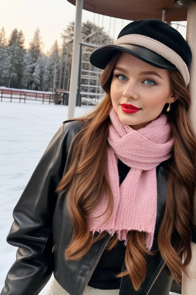 Photorealistic, best quality, hyper detailed, selfie photo, upper body. Gorgeous, pretty, warm-hearted, kind-hearted, good-hearted, stunning, cheerful, sweet, polite, sensitive, sensible, shiny, charming, alluring, dreamy, graceful, classy, stylish, flowing extra long ginger haired russian woman with the cutest face, fair porcelain skin, soft make-up, red lipstick, she is wearing a leather jacket, riding boots, a black newsboy cap and a pink scarf. She's at playground with a little cute girl who is 4 years old, enjoying time with her niece.