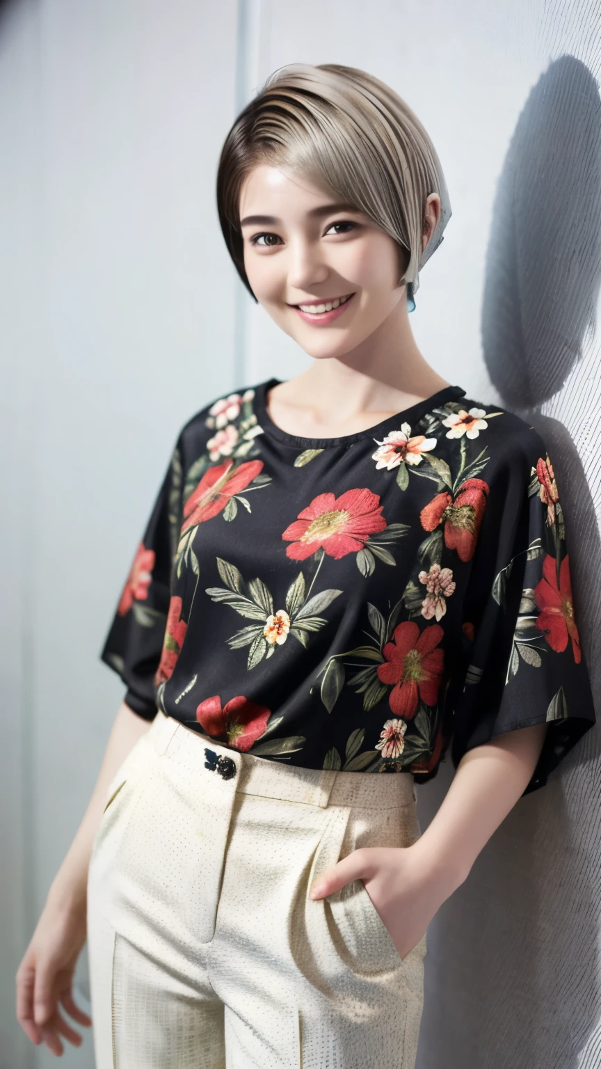 230 (18-year-old female,Floral clothes), ((short hair:1.46)), (Pants Style), (A kind smile)