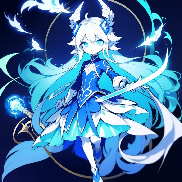 Half-length statue of a girl,k hd,4K,face expressionless,style of anime,sideface,white backgrounid,blue color eyes,white color hair,((full body)),Confused eyes,(default character)SD character, masterpiece,best quality,ultra detailed,4K,super fine illustration,highly detailed beautiful face and eyes,cyan color scheme, lighting,fantasy,extremely solemn atmosphere,long hair,floating hair,smirk,fighting stance,dynamic pose,(holding glowing sword:1.3),particle light,luminescence,plasma,electric current,blue flame,sense of depth,dynamic angle,glasses, twin braids,