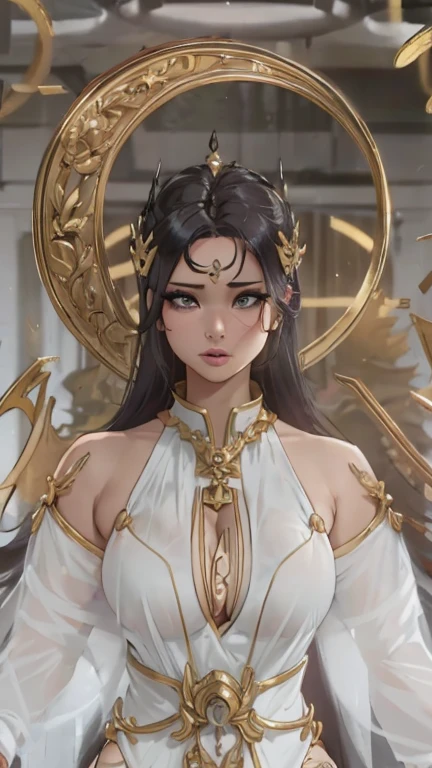 (((Perfect Quality))), Antique style, Pearl white background, Long hair slightly curled, Black eyes, Antique Han dress long dress, shoulders exposed, Gold headdress, Delicate eyebrows, Slender hand manicure, Perfect fusion of fashion and antique style, Chibi style, front full body lens, sweet breath.