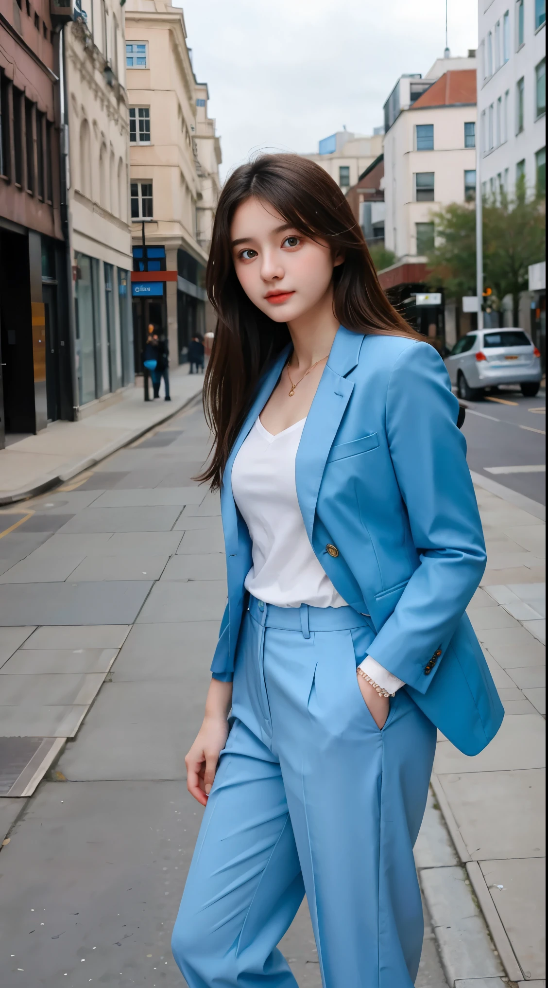 Gorgeus Girl, Beautiful, Baby Face, 20 Years Old, White Skin, wearing blazer, Blue Eye, street Background, Masterpiece, full body Shot, facing forward, woman trousers