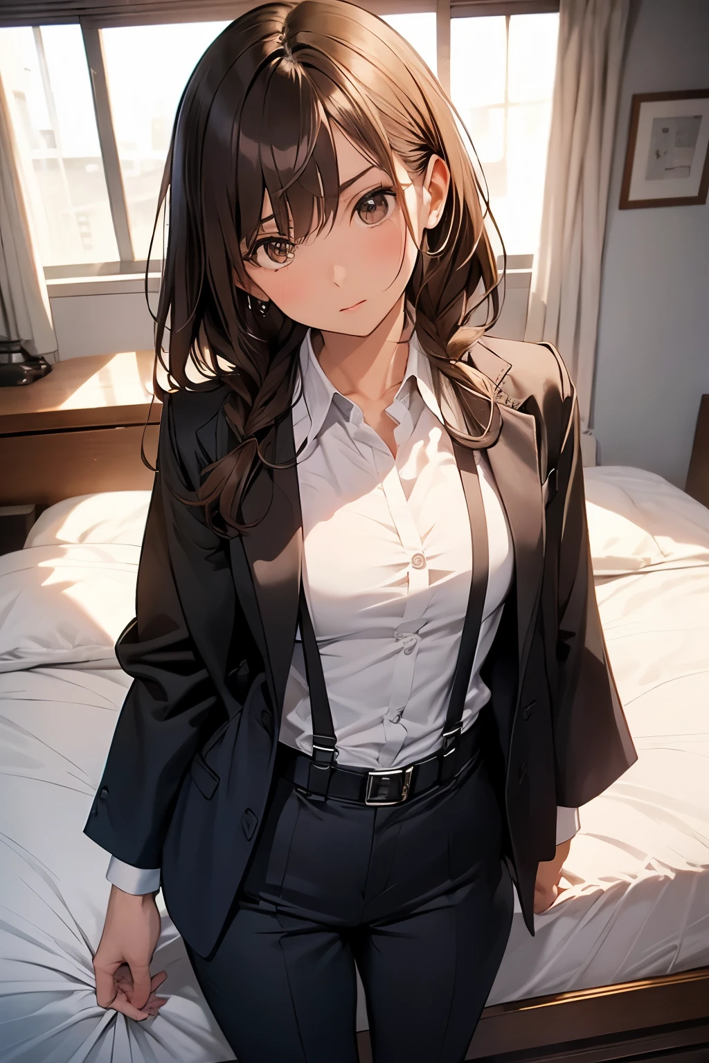1 female, , high quality, masterpiece, Ultra-high resolution, , Cinema Lighting, , , And the suspenders with the cranes flying Moderate breasts Small face holster Lying in bed Looking up Sweat belt summer 脇Sweat Black Hole Gloves suit shirt Black jacket Black trousers Leg Links ズボンにbelt holster Hands behind your back Anxious expression Looking up Anxious face