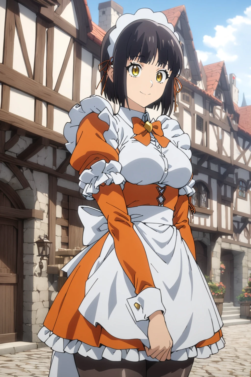 smile, cowboy shot, (masterpiece, high-quality, breathtaking, highres, ultra detailed), (expressive eyes, perfect face), megria, 1girl, solo, long sleeves, maid haiddress, maid, maid apron, black tights, outdoors, medieval town,