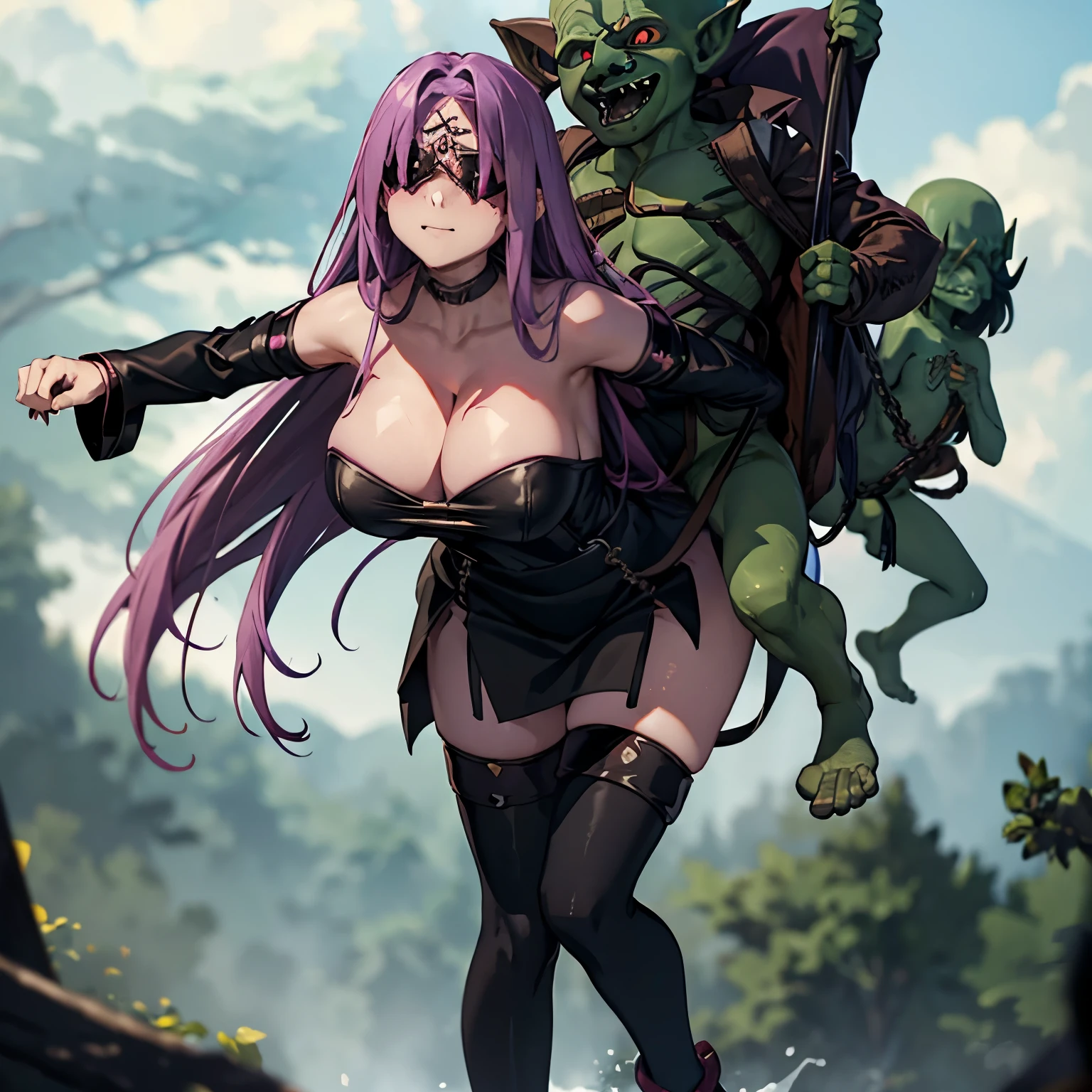 masterpiece, (((goblinriding, a goblin is riding a girl))), goblin, multiple goblins, goblins, (((all fours))), 1girl, (strapless dress:1.1), (nose hook), reins, collar, chain, rope, obey, happy trance, smile, hair ornaments, expressionless, emotionless, blank eyes, empty eyes, mind control, apocalyptic background, monster, glowing eyes, horror, goblin gangbang, huge breast, Large Breast, medusa_ubw, absurdly long hair, purple hair, floating hair, dress, short dress, thighhighs, strapless, blindfold, detached sleeves, forehead mark, choker, cleavage