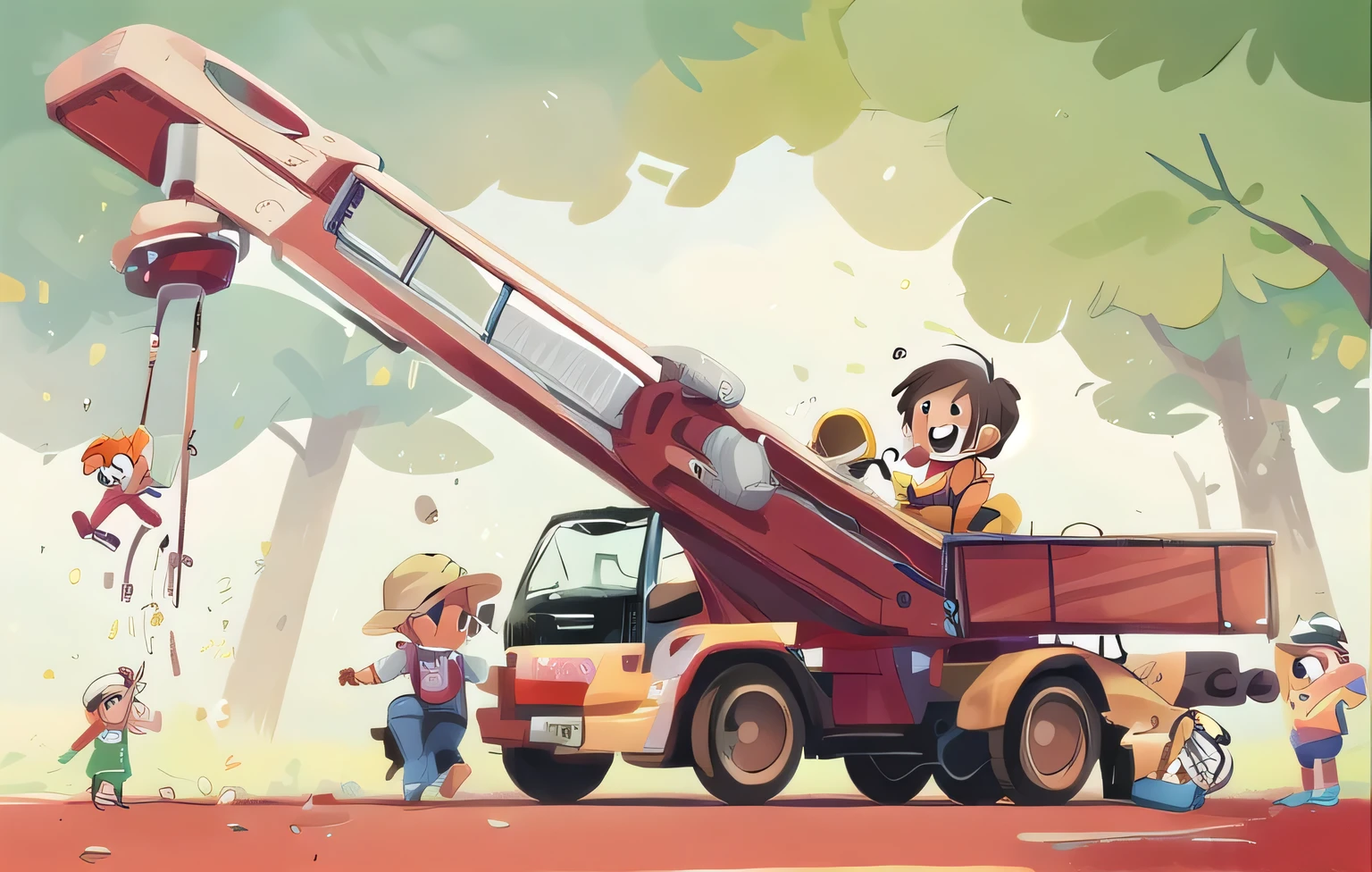 Comic style worker kids playing on crane