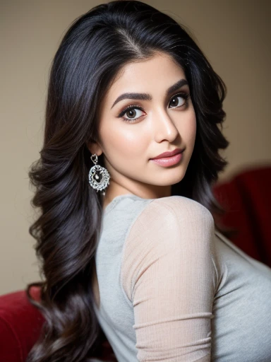 20 years old, Portrait of A confident-looking indian girl long flowing hair, (facing,90 degree to camera, looking at camera) hazel and brown big eyes, sitting on sofa, close up face, beautiful detailed nose, sexy detailed lips, (detailed skin texture), bokeh, perfect composition, hyperrealistic, super detailed, 8k, high quality, big breast, full body, big ass,