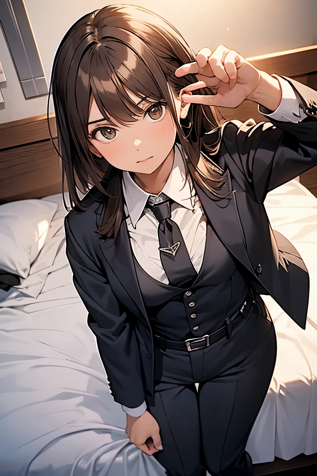 suspenders　　　Moderate breasts　 　 　　　　Small face　 　　　holster　　　Beautiful woman　　　　 Lying in bed　Looking up　　　　Sweat 　　　belt　summer　脇Sweat 　Black Hole Gloves　suit　shirt　　Black jacket　 Black trousers　Gun possession　Armament