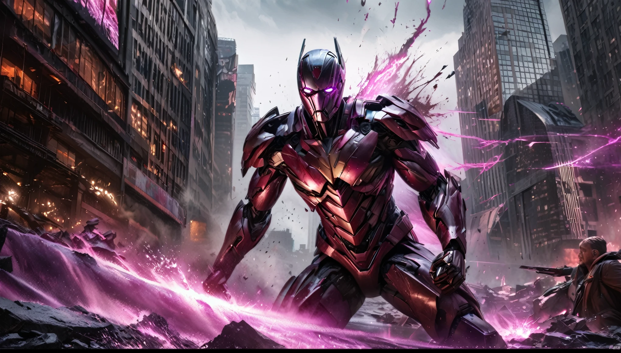 A highly detailed, hyper-realistic, alien violet gradient liquid metal robot, extremely intricate robotic features, glowing purple eyes, sharp metallic claws, wields powerful energy weapons, epic battle with Marvel's Iron Man, dramatic action scene, downtown New York cityscape, skyscrapers, chaos, destruction, cinematic lighting, dramatic color palette, moody atmosphere, (best quality,8k,highres,masterpiece:1.2),ultra-detailed,(realistic,photorealistic,photo-realistic:1.37),cinematic,concept art,digital painting,dramatic,intense,visceral
