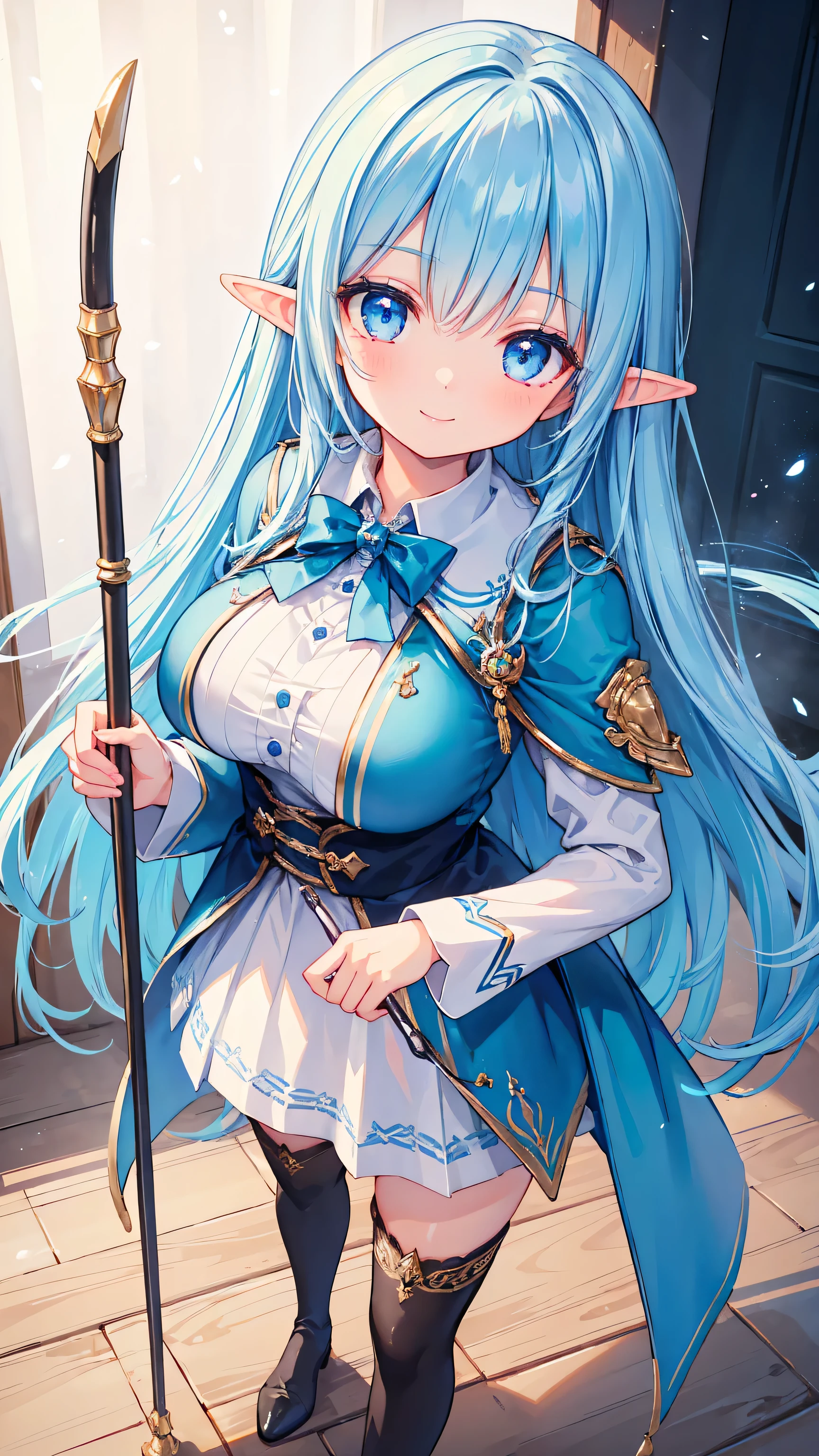 (((masterpiece))), (((highest quality))), ((Super detailed)), Very delicate light, finely detailed eyes and Detailed face, Detailed light, (Best Shadow),  Beautiful fine details, (Detailed body), Detailed face, (colorful), Beautiful detailed hair,
Detailed Background:1.3, Fantasy, (Particles of light), 
(Ray Tracing:1.2), One girl,  (Beautiful, detailed eyes:1.2), (carrying a big stick), Black legwear, Thigh-high boots, White Skirt, mini skirt, Long sleeve,Female Wizard、cute、Blue Hair、Beautiful breasts、Nice、Emerald Eyes、one person、Long Hair、(Full body portrait),(Are standing:1.3)、Absolute area、Blue Robe、Elf、smile