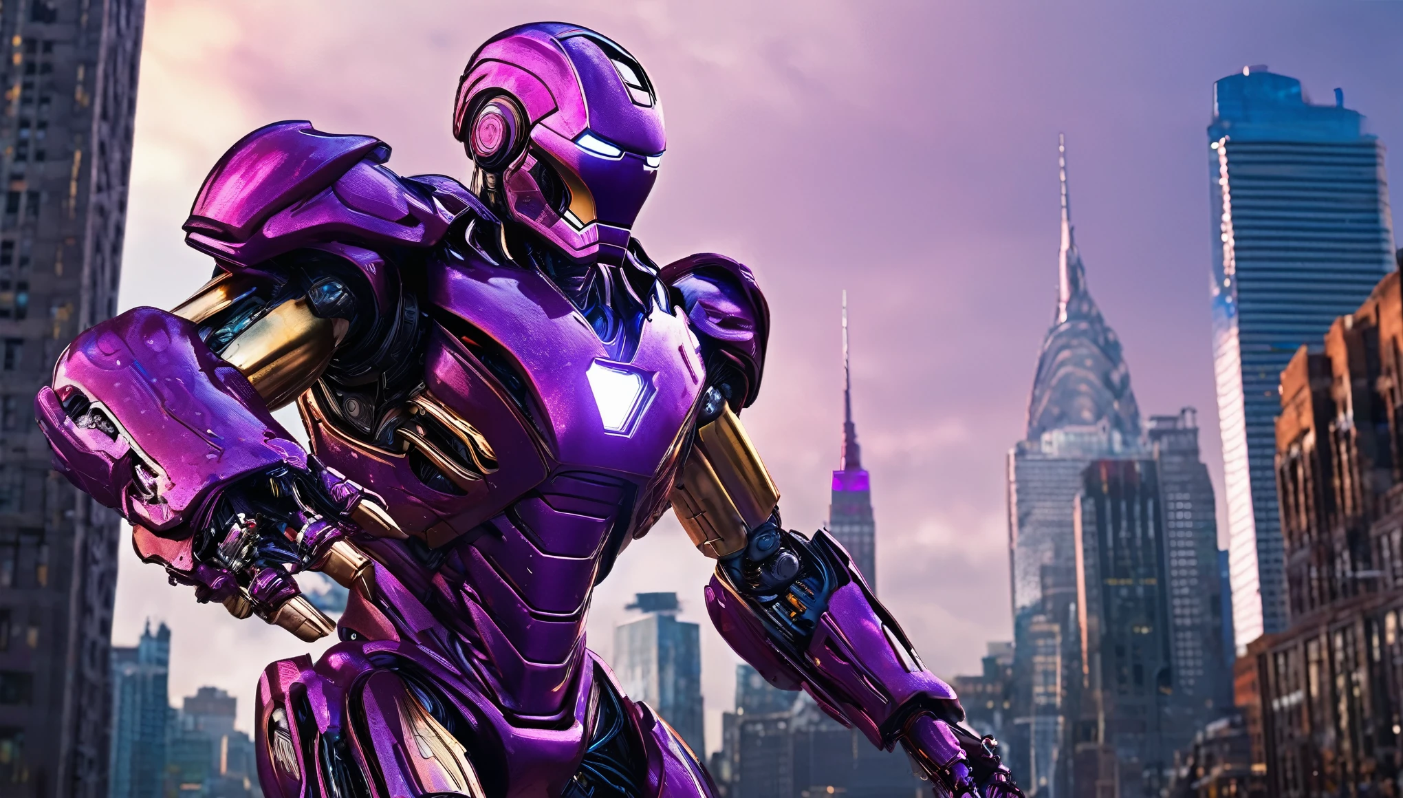 A highly detailed, hyper-realistic, alien violet gradient liquid metal robot, extremely intricate robotic features, glowing purple eyes, sharp metallic claws, wields powerful energy weapons, epic battle with Marvel's Iron Man, dramatic action scene, downtown New York cityscape, skyscrapers, chaos, destruction, cinematic lighting, dramatic color palette, moody atmosphere, (best quality,8k,highres,masterpiece:1.2),ultra-detailed,(realistic,photorealistic,photo-realistic:1.37),cinematic,concept art,digital painting,dramatic,intense,visceral
