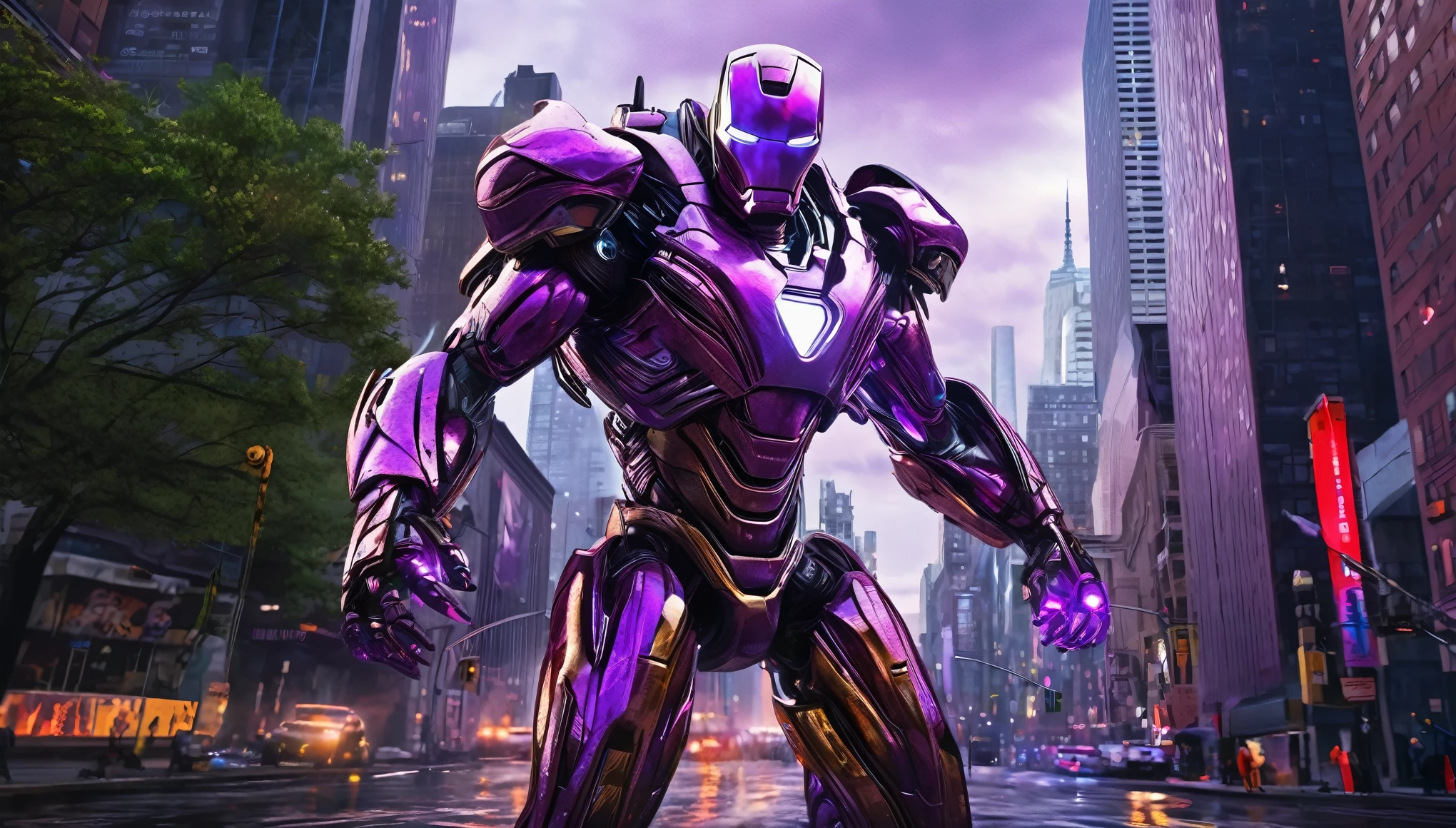 A highly detailed, hyper-realistic, alien violet gradient liquid metal robot, extremely intricate robotic features, glowing purple eyes, sharp metallic claws, wields powerful energy weapons, epic battle with Marvel's Iron Man, dramatic action scene, downtown New York cityscape, skyscrapers, chaos, destruction, cinematic lighting, dramatic color palette, moody atmosphere, (best quality,8k,highres,masterpiece:1.2),ultra-detailed,(realistic,photorealistic,photo-realistic:1.37),cinematic,concept art,digital painting,dramatic,intense,visceral