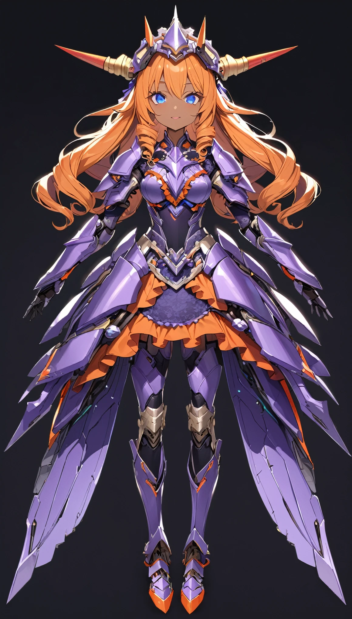 masterpiece, best quality, extremely detailed, high resolution, Japanese anime,1girl, (dark skin:1.2), gold hair, (medium length hair:1.4), curly hair, wavy hair, drill hair, low twintails, (mechanical horn:1.5), (mechanical wing:1.2), (eye lashes:1.3), (eye shadow:1.3), (blue eyes:1.5), (beautiful detailed eyes:1.4), laugh, 130cm tall, original character, fantasy, (black background:1.2), (full body:1.8), beautiful fingers, standing, (blue purple Orange-colored lace frill armor dress:1.5), (mechanical headdress:1.5) , shoot from front, looking at viewer ,