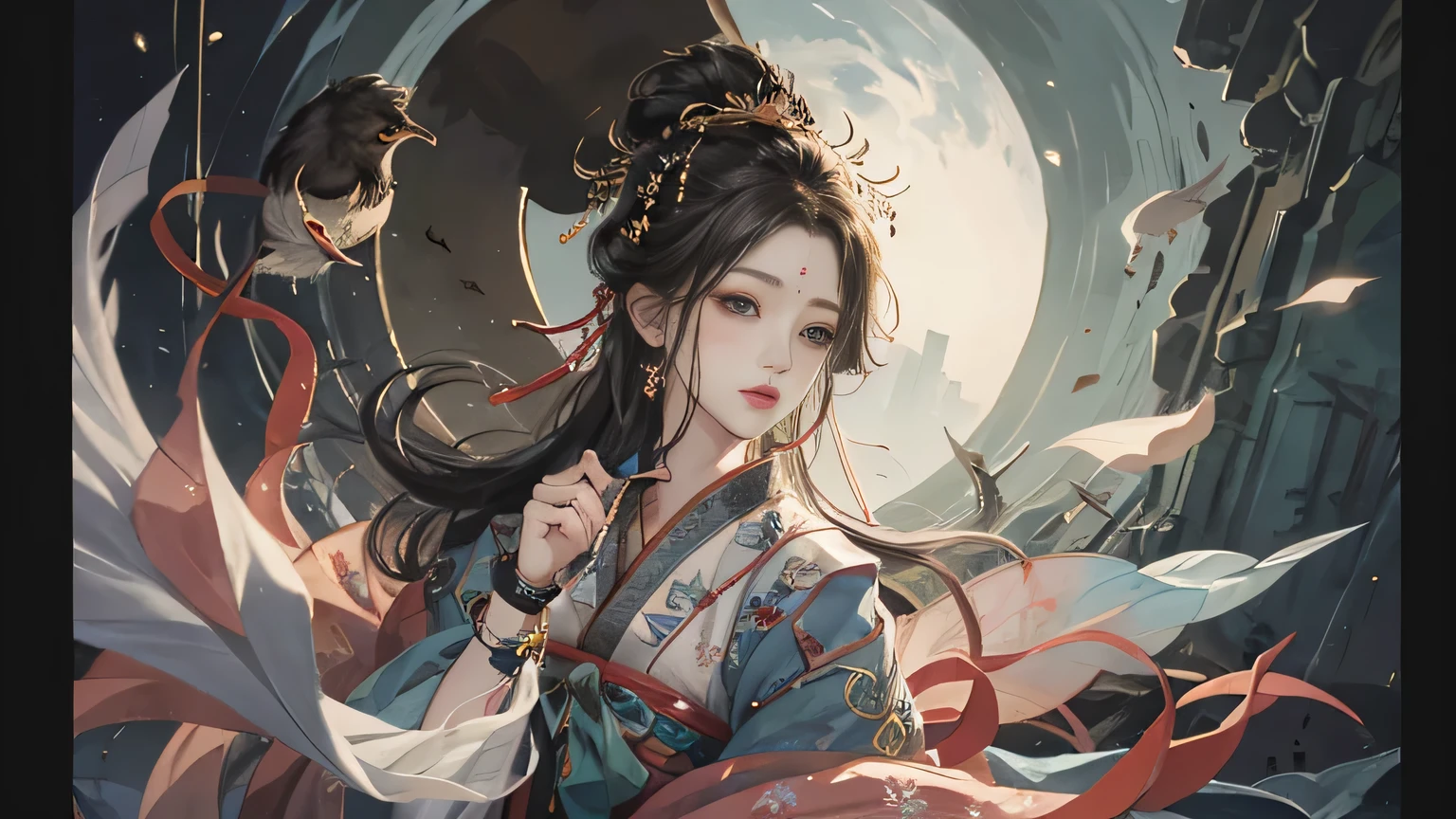 Original，（illustratio：1.1），（best qualtiy），（tmasterpiece：1.1），（the Extremely Detailed CG Unity 8K Wallpapers），（a color：1.2），1 Plum Blossom God，goddes，，ancient costume，Hanfu，best qualtiy，Extremely detailed jewelry，Plum petals，scenecy，rios|Wagas，
